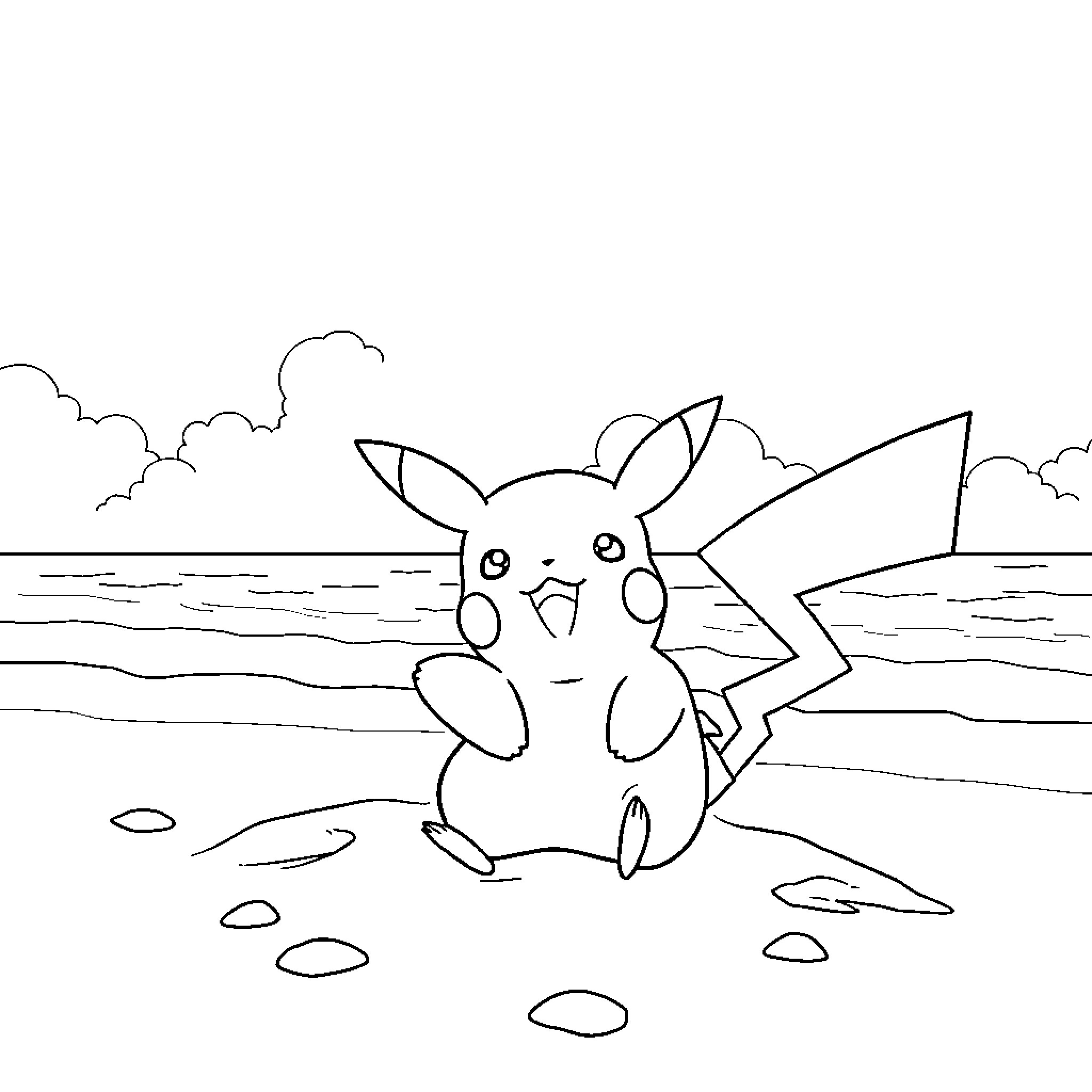 Pikachu playing joyfully by the beach Coloring Page (free black-and-white line drawing printable PDF for all, from beginners to advanced learners, including children, teens, adults, and seniors)