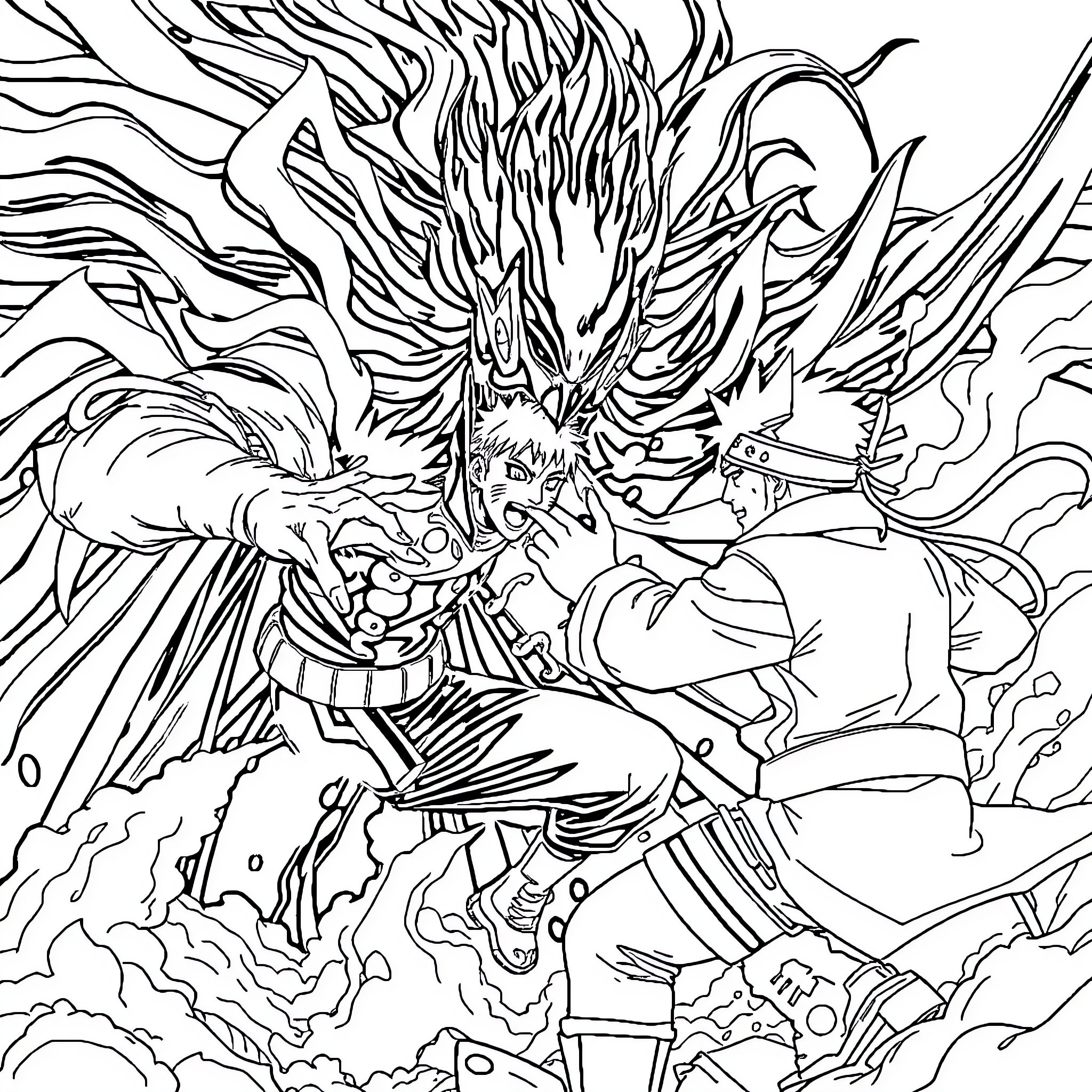 Naruto Ninja Battles Fierce Mythical Creature Coloring Page (free black-and-white line drawing printable PDF for all, from beginners to advanced learners, including children, teens, adults, and seniors)