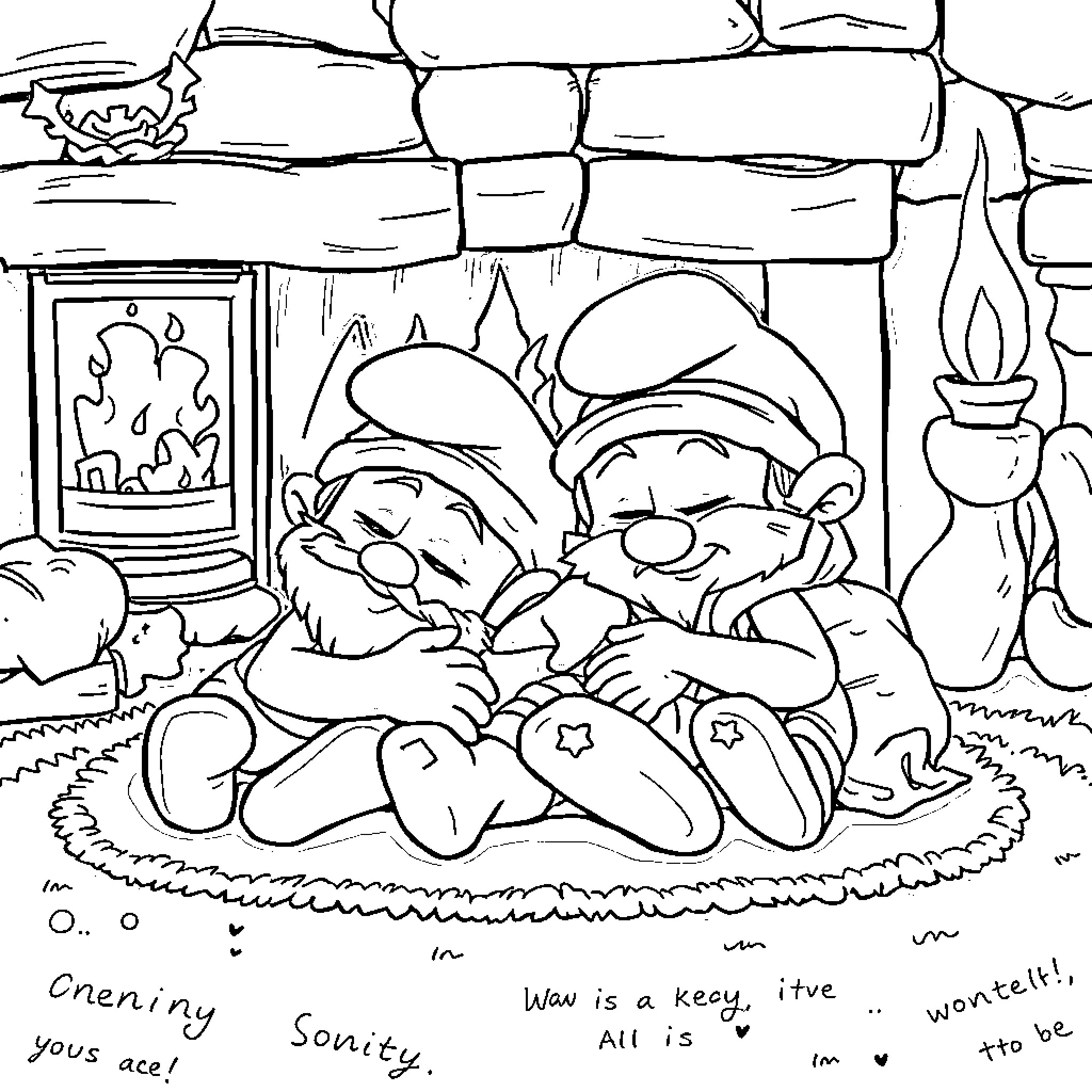 Smurfs Resting Comfortably by the Fireplace Coloring Page (free black-and-white line drawing printable PDF for all, from beginners to advanced learners, including children, teens, adults, and seniors)