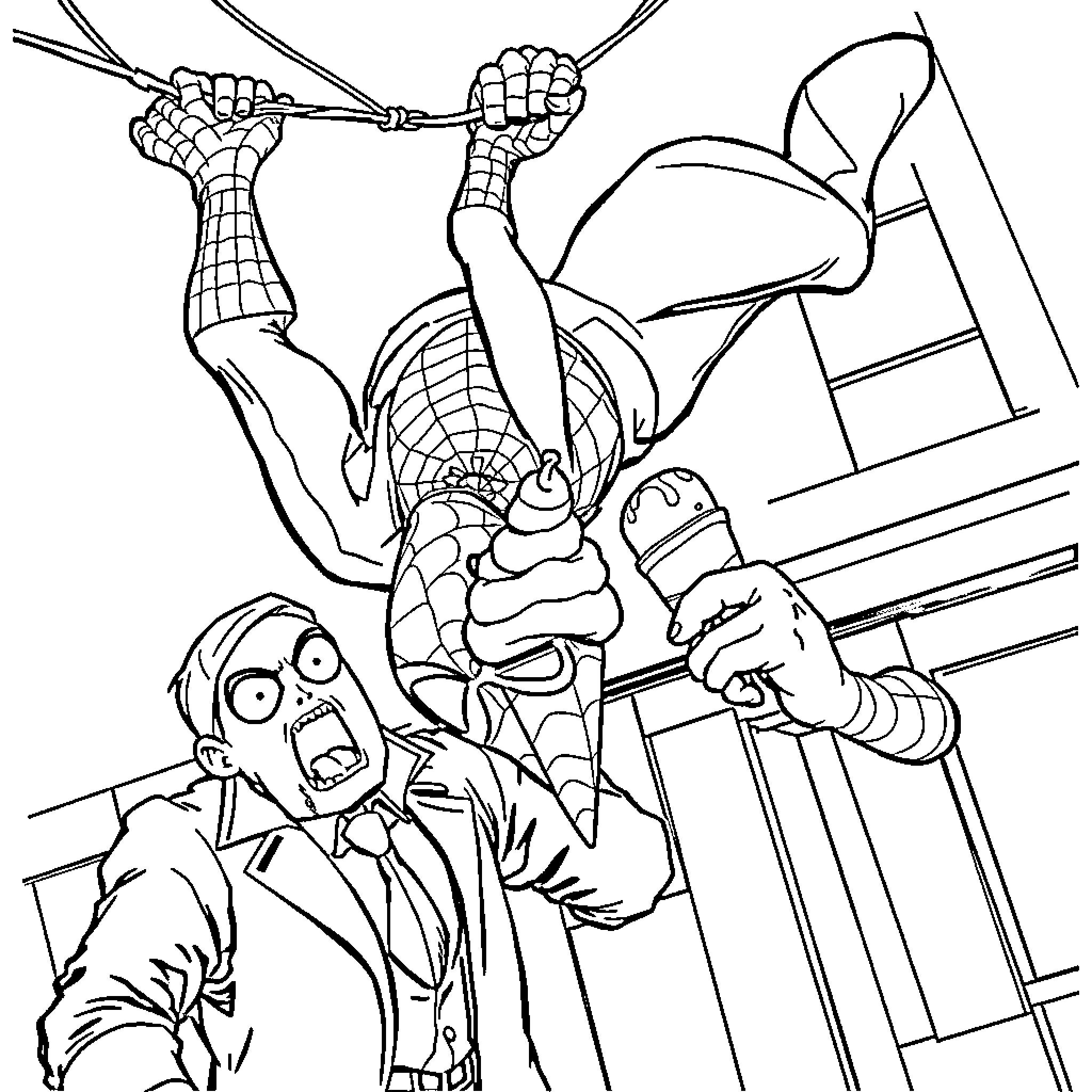 Spiderman swinging into action to save the day Coloring Page (free black-and-white line drawing printable PDF for all, from beginners to advanced learners, including children, teens, adults, and seniors)