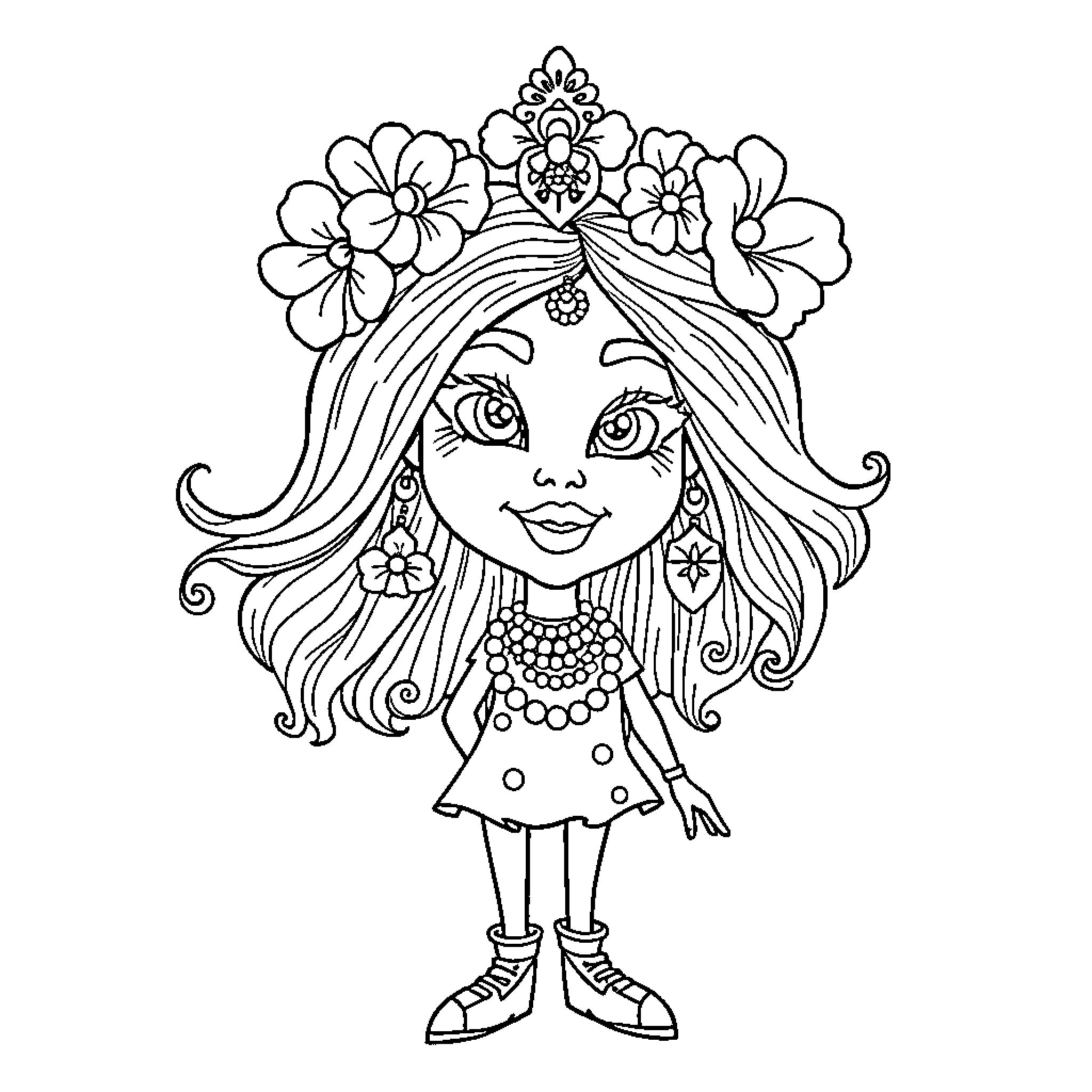 Latina Girl with Floral Headpiece and Ornate Dress Coloring Page (free black-and-white line drawing printable PDF for all, from beginners to advanced learners, including children, teens, adults, and seniors)