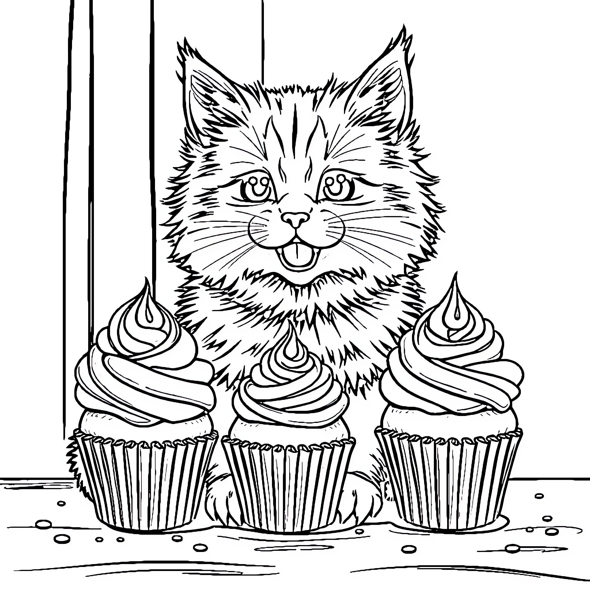 Cat surrounded by delightful cupcakes Coloring Page (free black-and-white line drawing printable PDF for all, from beginners to advanced learners, including children, teens, adults, and seniors)