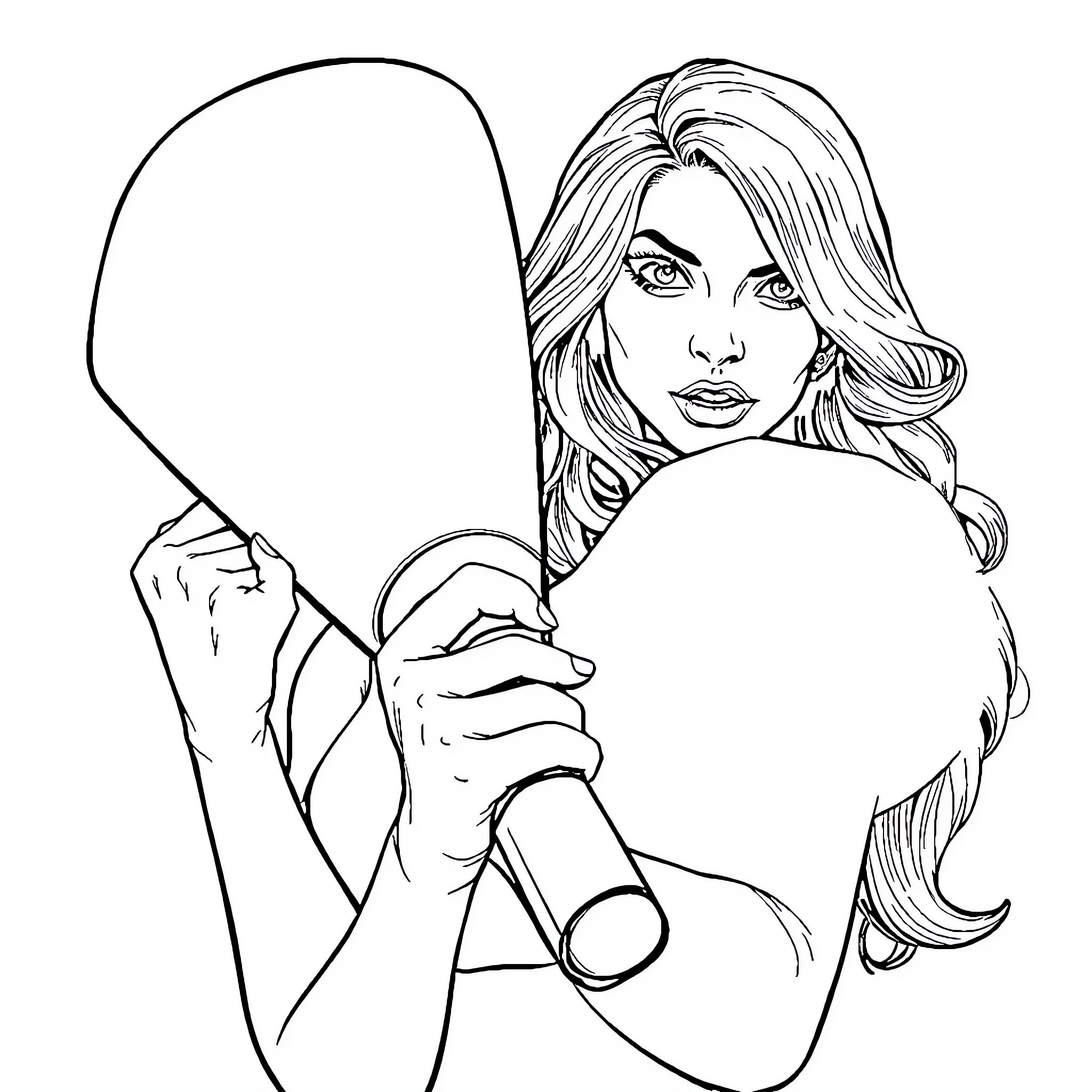 Woman with flowing hair wielding a weapon Coloring Page (free black-and-white line drawing printable PDF for all, from beginners to advanced learners, including children, teens, adults, and seniors)