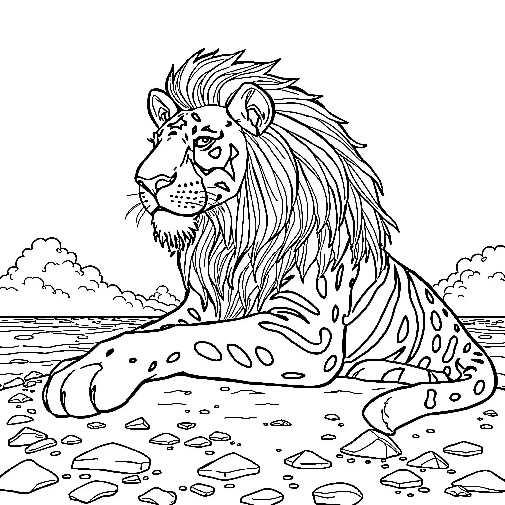 Leviathan Lion Lounging on Rocky Riverbank Coloring Page (free black-and-white line drawing printable PDF for all, from beginners to advanced learners, including children, teens, adults, and seniors)