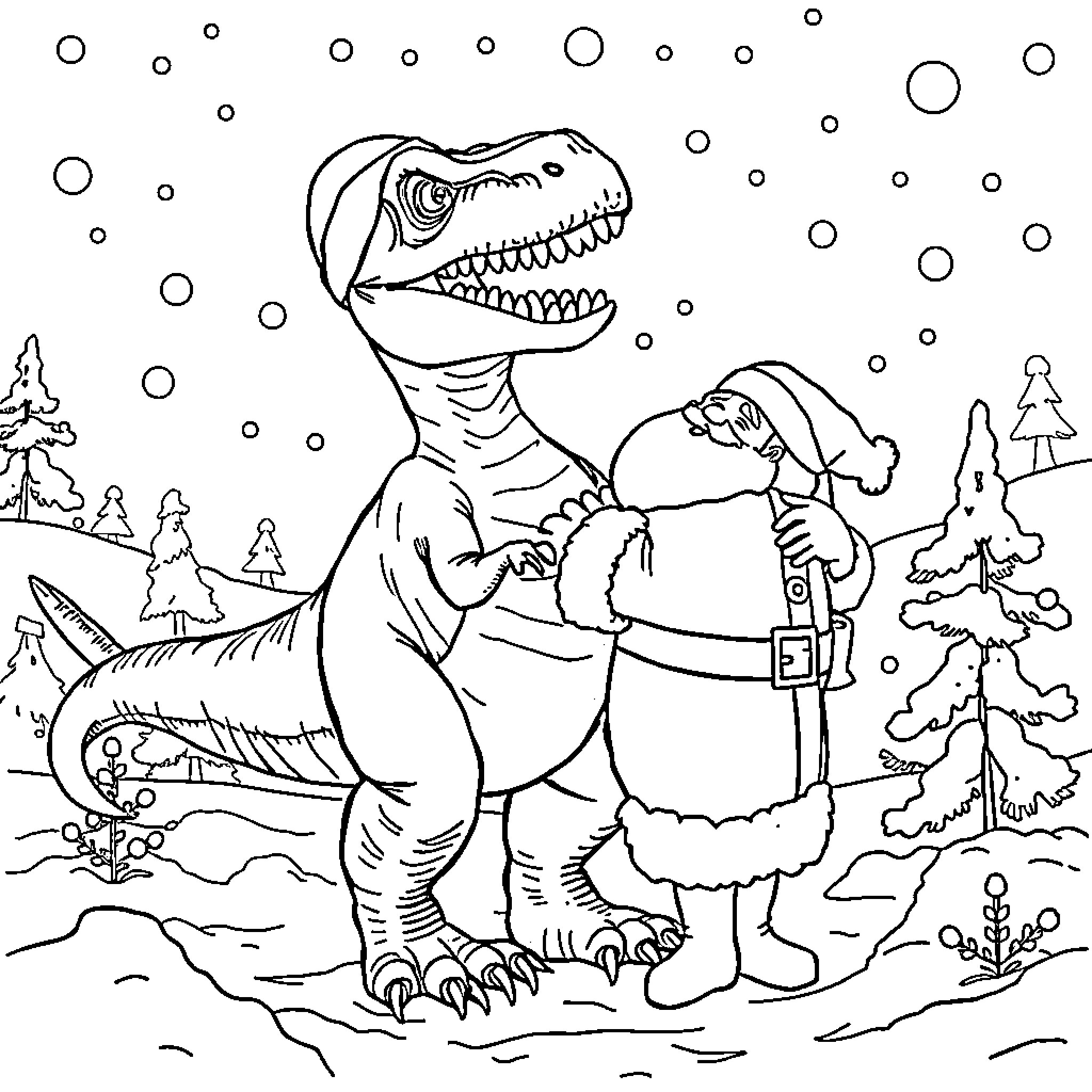 Raptor Santa spreading holiday cheer Coloring Page (free black-and-white line drawing printable PDF for all, from beginners to advanced learners, including children, teens, adults, and seniors)