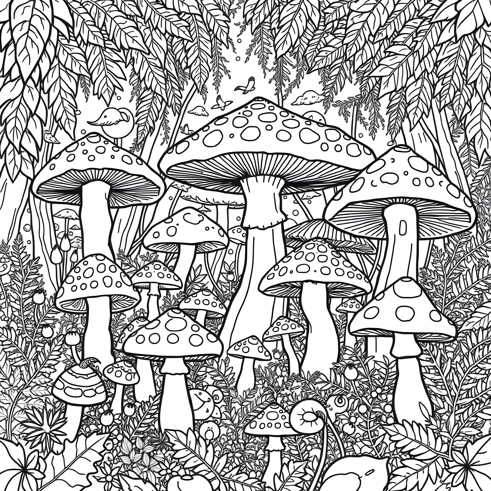 Mushroom Forest Adventure Coloring Page (free black-and-white line drawing printable PDF for all, from beginners to advanced learners, including children, teens, adults, and seniors)