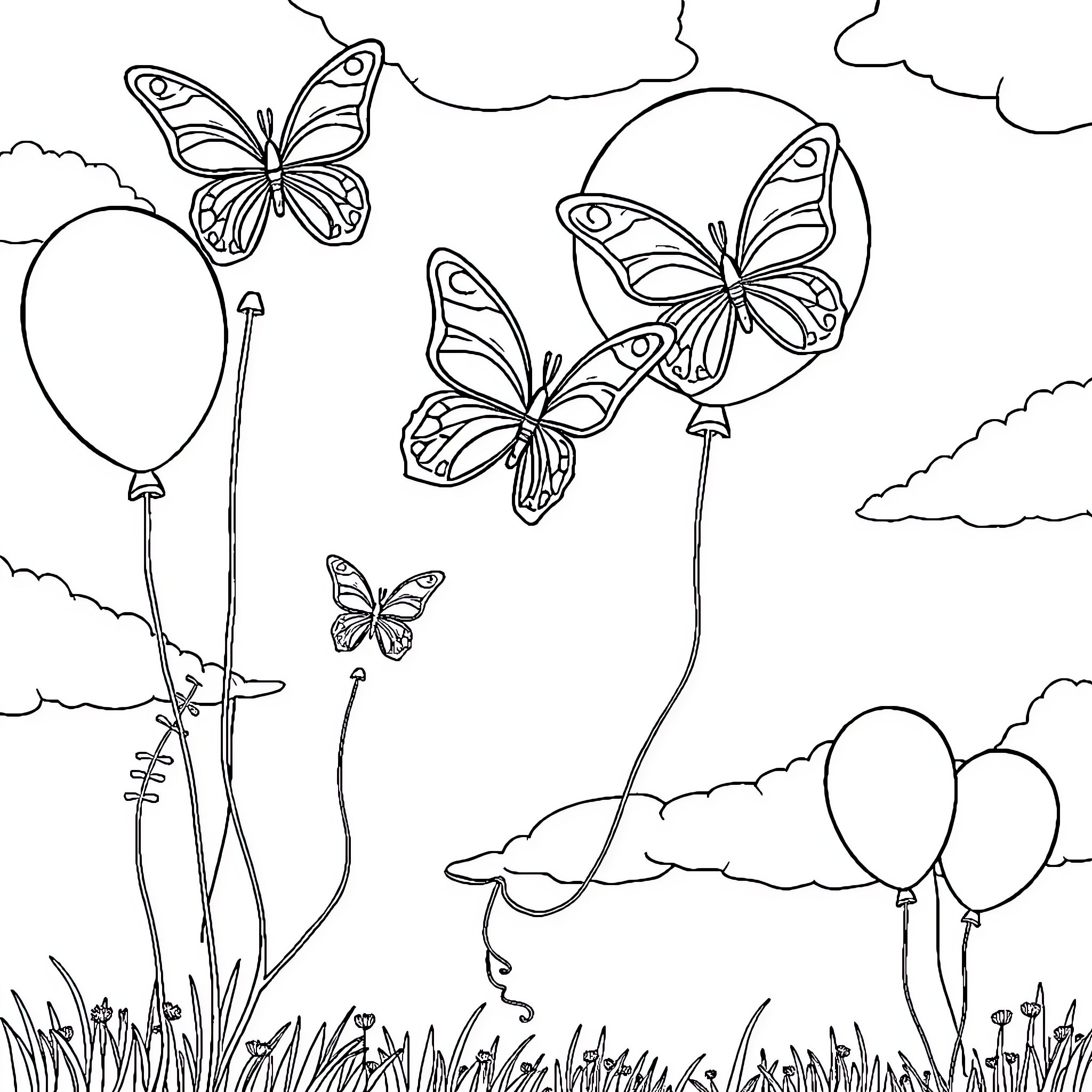 Butterfly Balloons Dancing in the Cloudy Sky Coloring Page (free black-and-white line drawing printable PDF for all, from beginners to advanced learners, including children, teens, adults, and seniors)