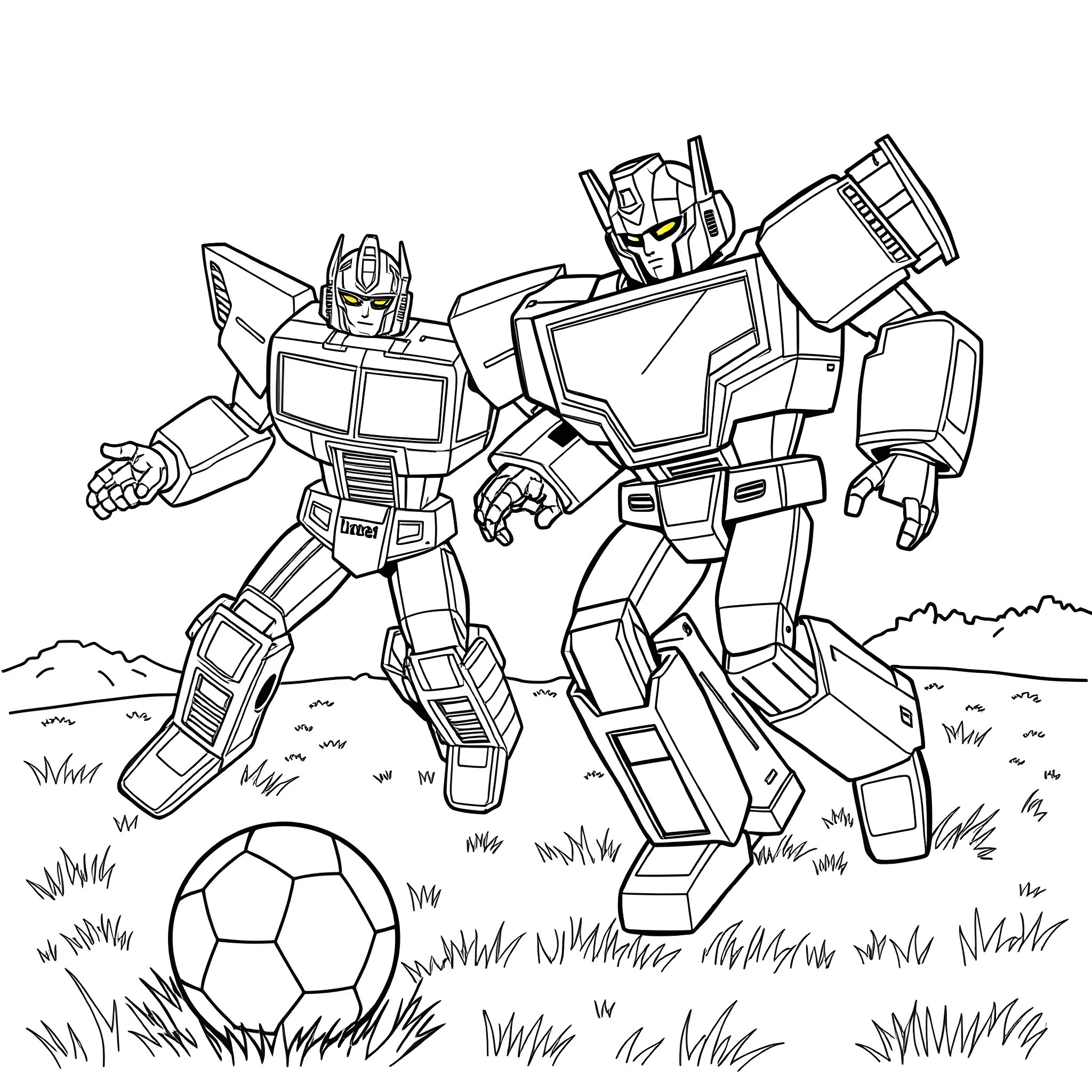 Transformers battling on the field with a soccer ball Coloring Page (free black-and-white line drawing printable PDF for all, from beginners to advanced learners, including children, teens, adults, and seniors)