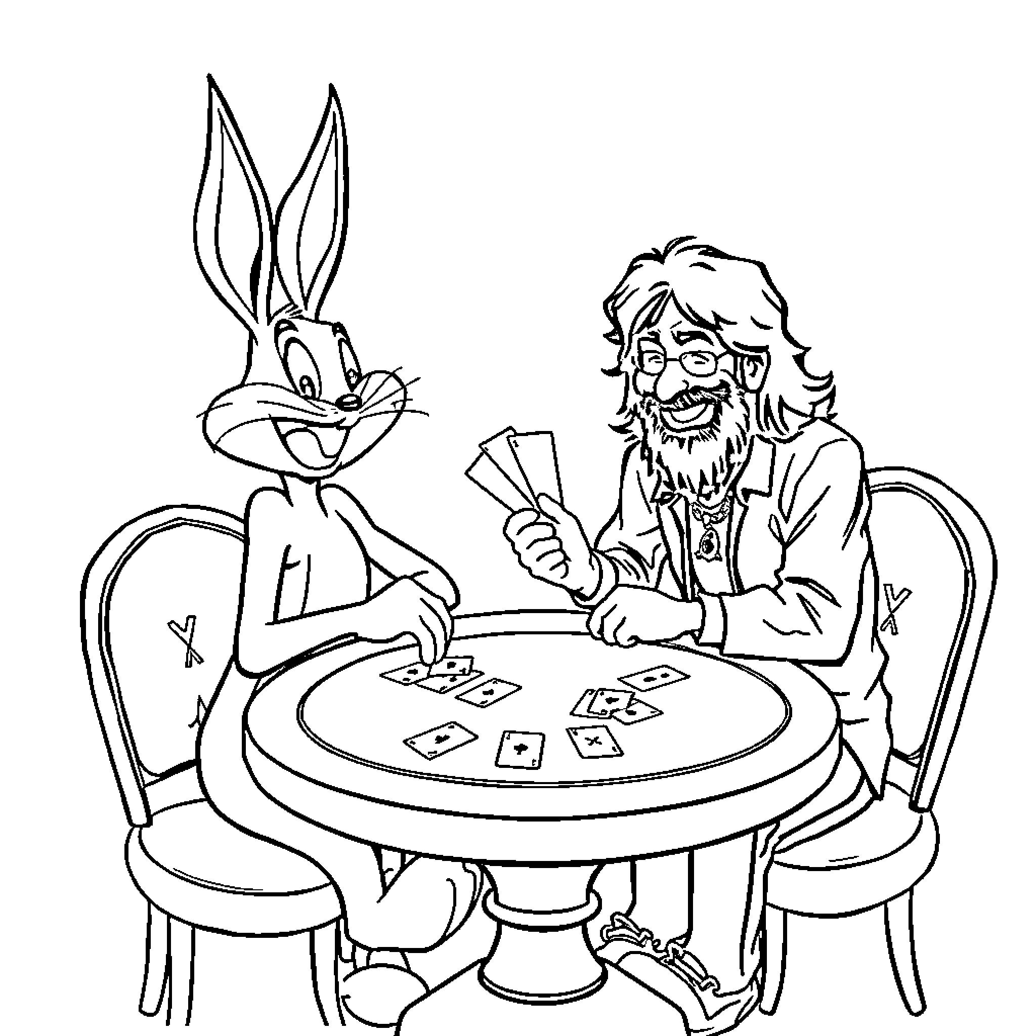 Bugs Bunny playing cards with a bearded man Coloring Page (free black-and-white line drawing printable PDF for all, from beginners to advanced learners, including children, teens, adults, and seniors)