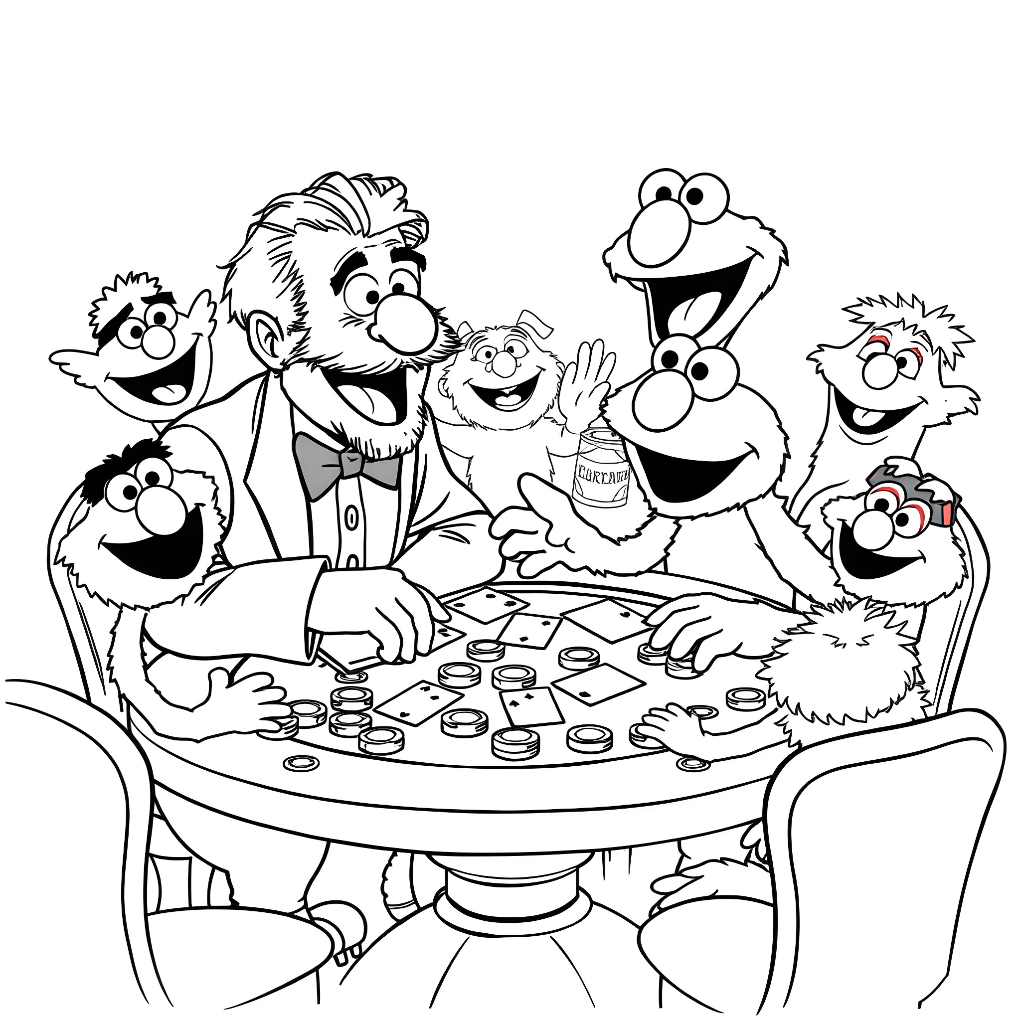 George Carlin and friends playing board game together Coloring Page (free black-and-white line drawing printable PDF for all, from beginners to advanced learners, including children, teens, adults, and seniors)