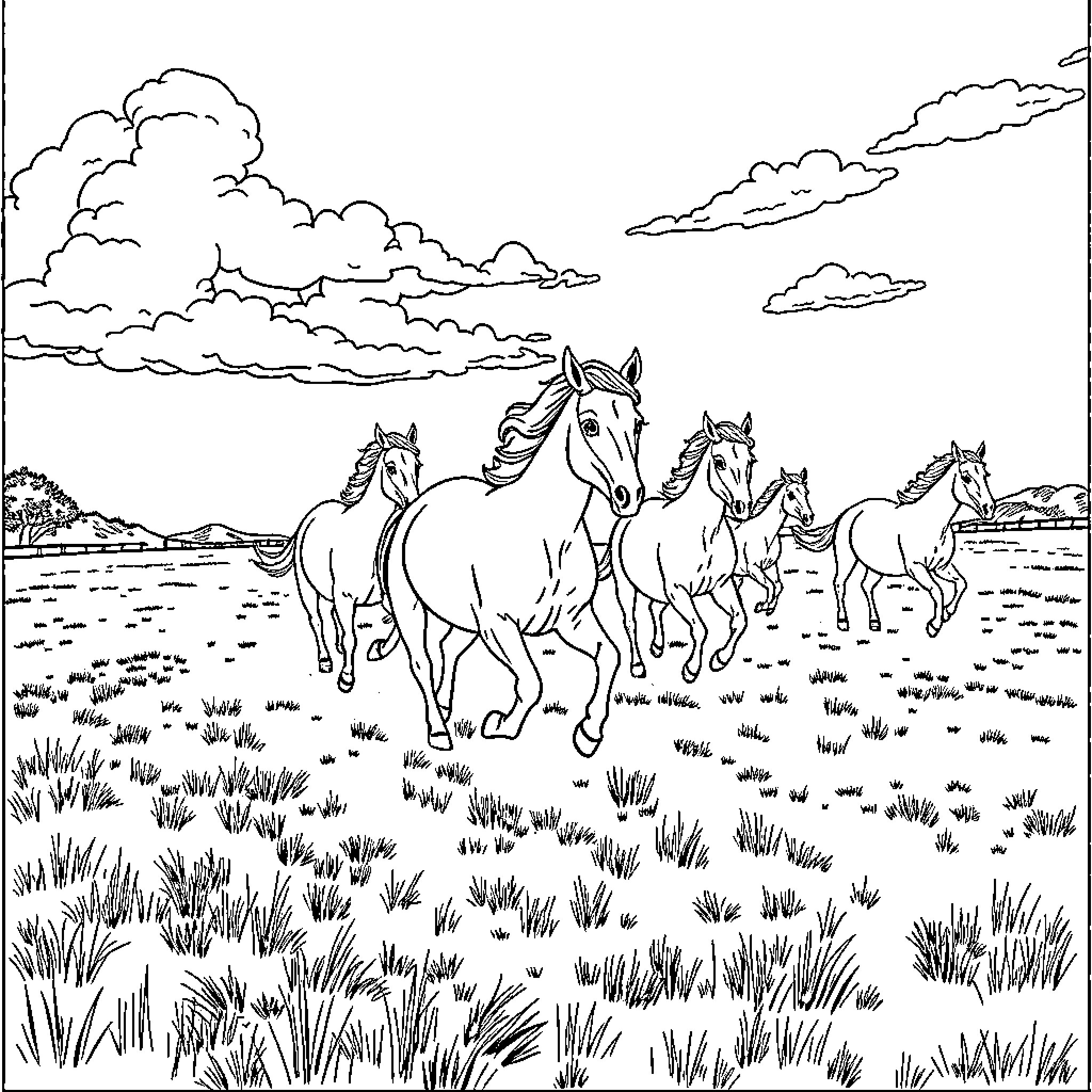 Herd of Horses Galloping through the Meadow Coloring Page (free black-and-white line drawing printable PDF for all, from beginners to advanced learners, including children, teens, adults, and seniors)