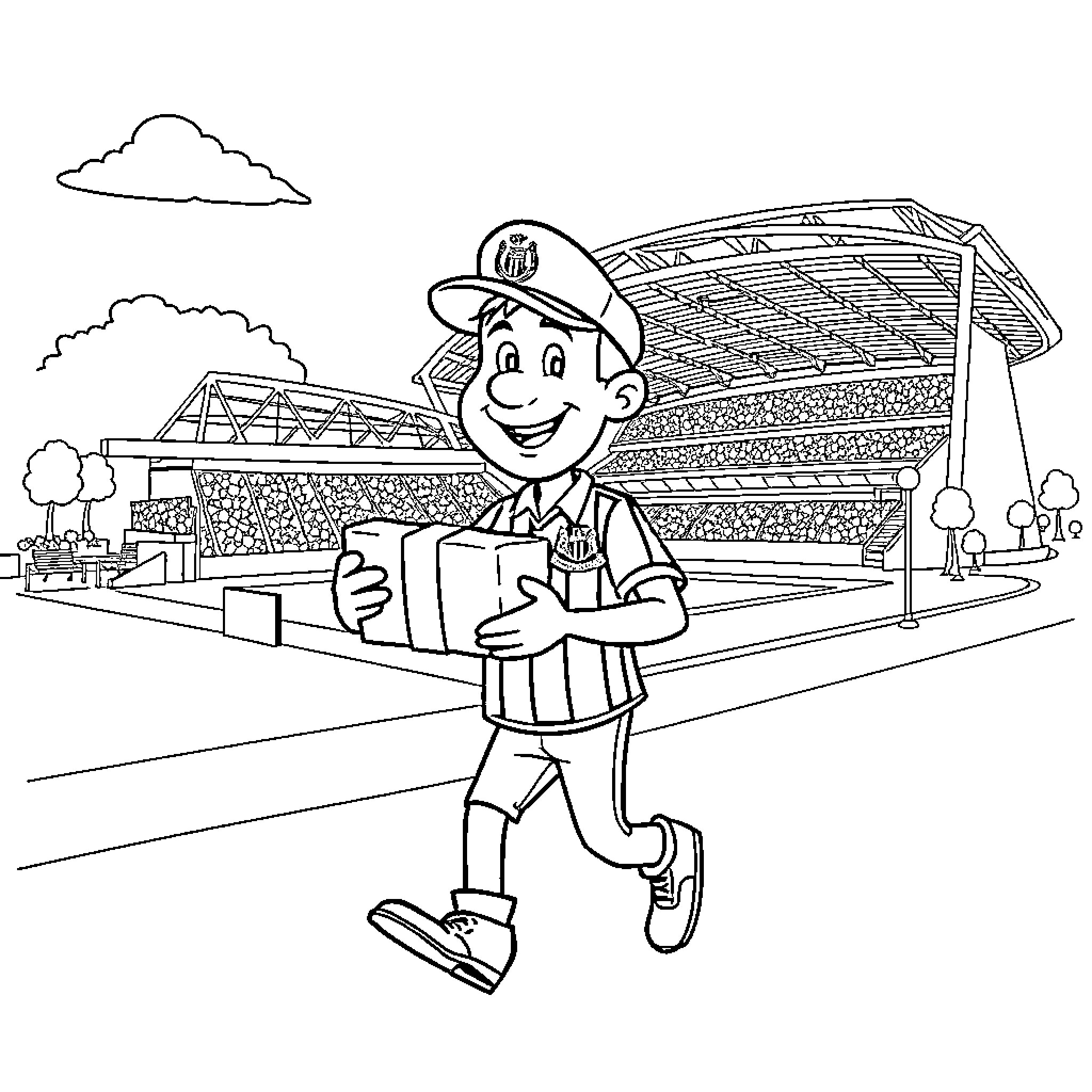 Postman Pat delivering mail at the stadium Coloring Page (free black-and-white line drawing printable PDF for all, from beginners to advanced learners, including children, teens, adults, and seniors)