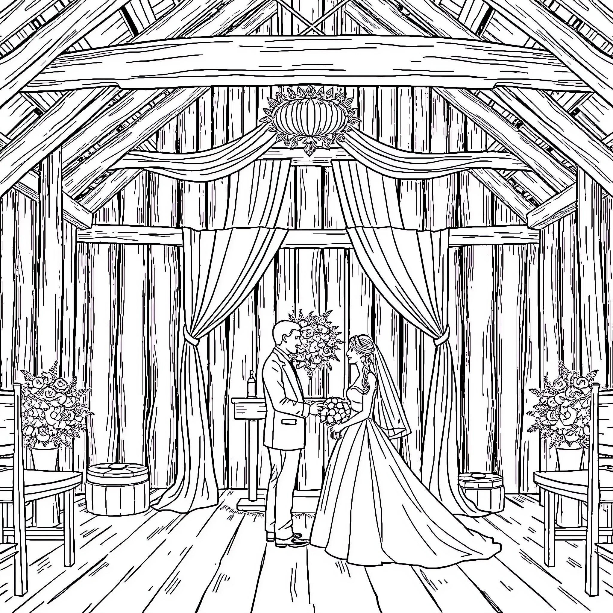 Bride and Groom Exchange Vows in Rustic Wooden Wedding Venue Coloring Page (free black-and-white line drawing printable PDF for all, from beginners to advanced learners, including children, teens, adults, and seniors)
