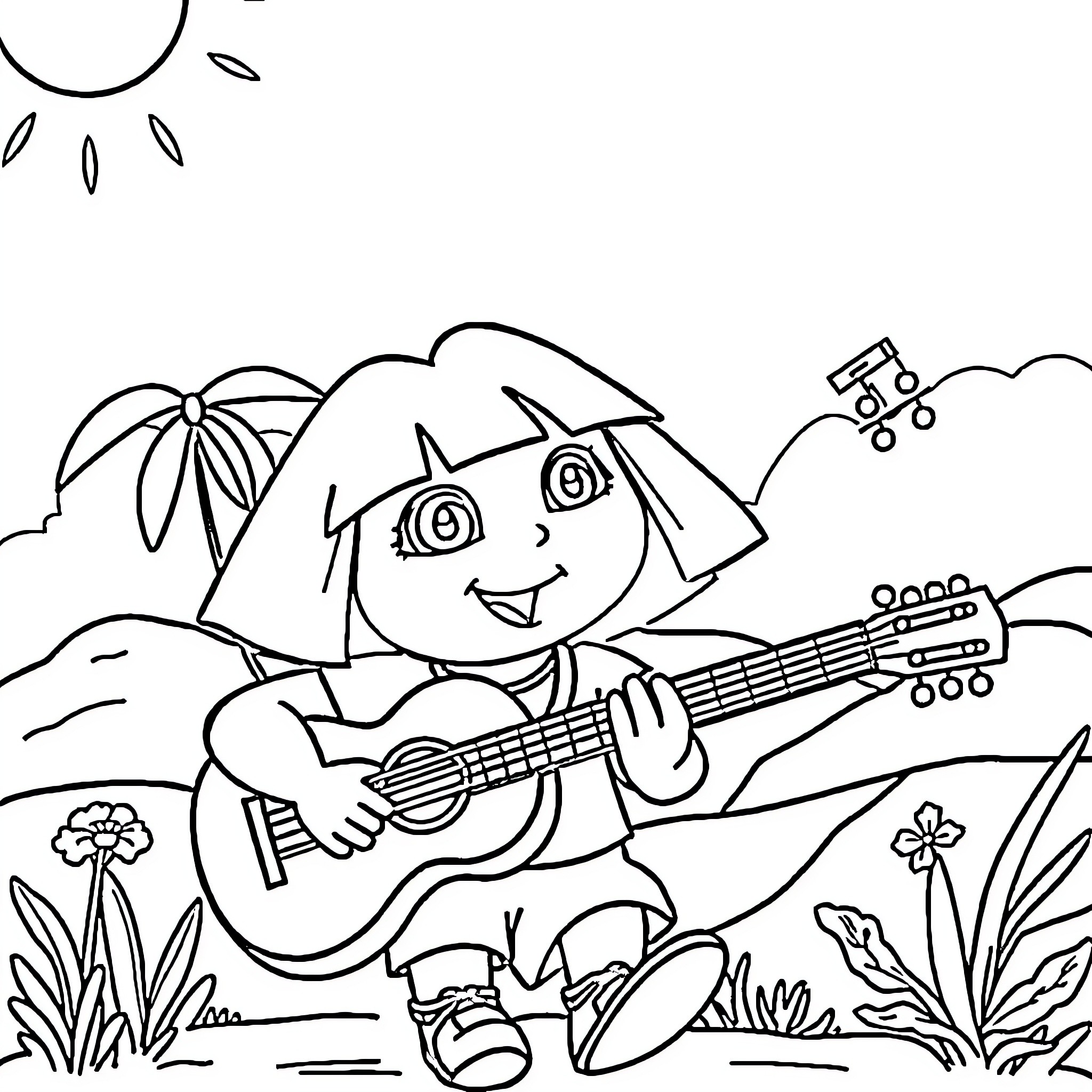 Dora playing guitar in the nature Coloring Page (free black-and-white line drawing printable PDF for all, from beginners to advanced learners, including children, teens, adults, and seniors)