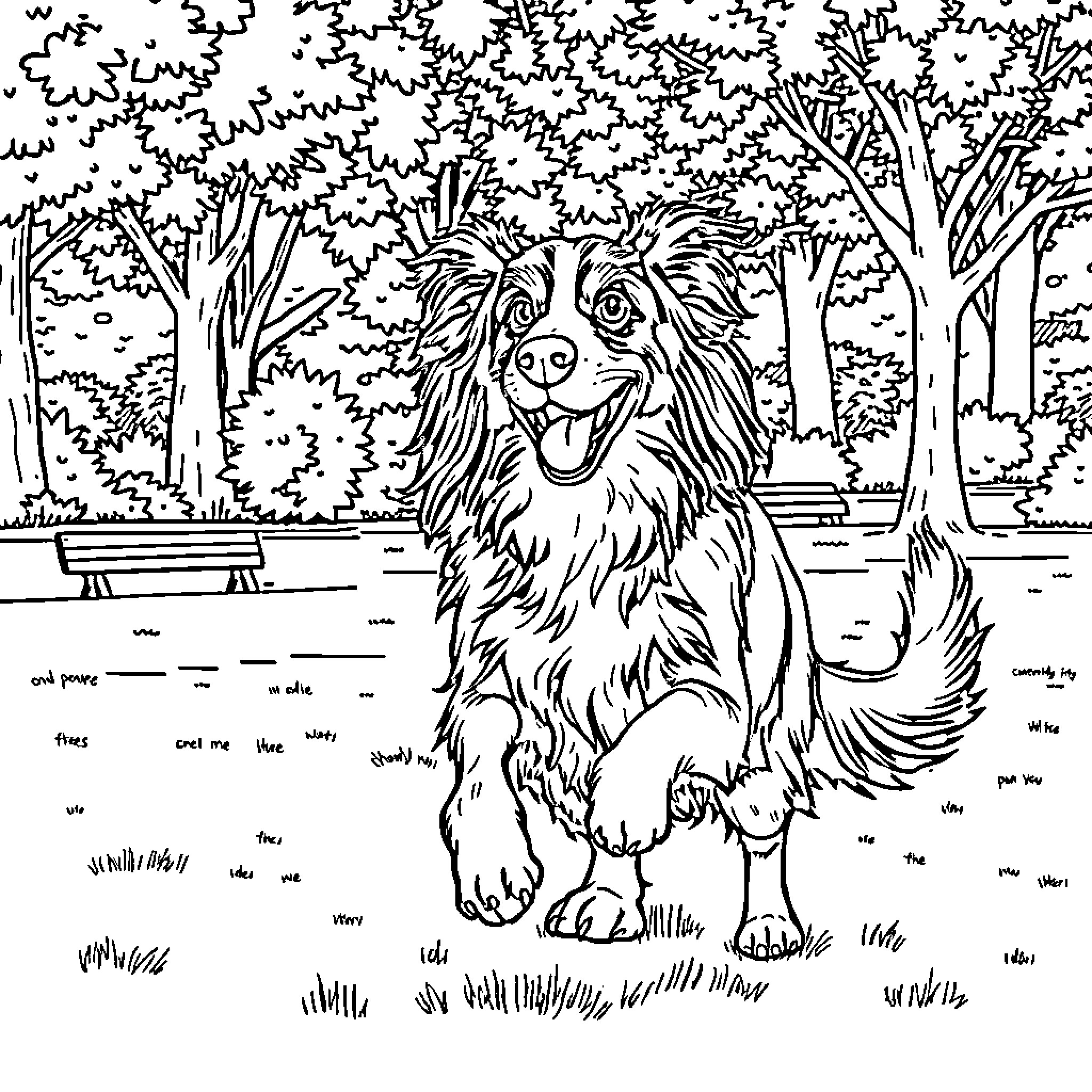 Stabydog playing joyfully in a forest landscape Coloring Page (free black-and-white line drawing printable PDF for all, from beginners to advanced learners, including children, teens, adults, and seniors)