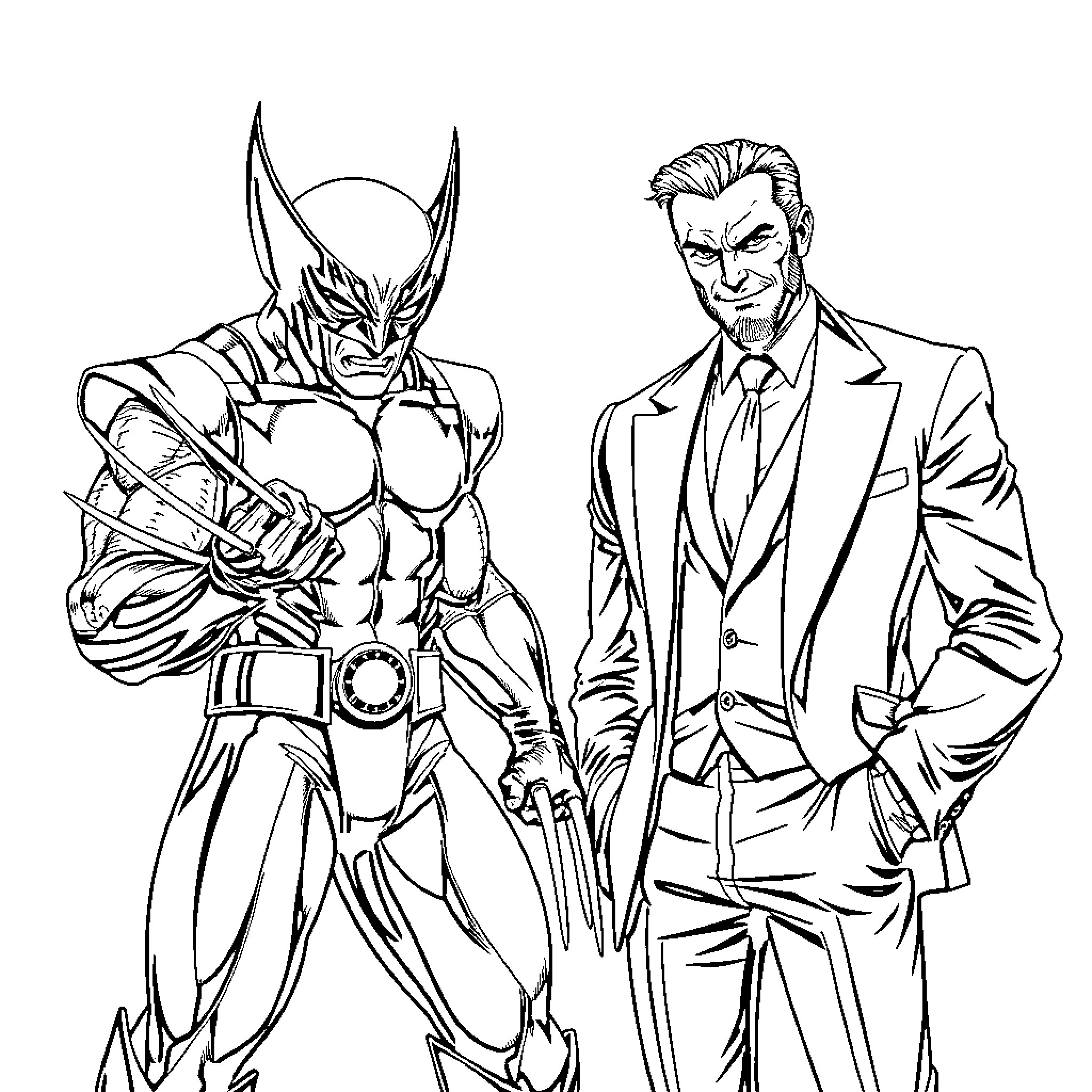 Wolverine confronting a villainous businessman Coloring Page (free black-and-white line drawing printable PDF for all, from beginners to advanced learners, including children, teens, adults, and seniors)