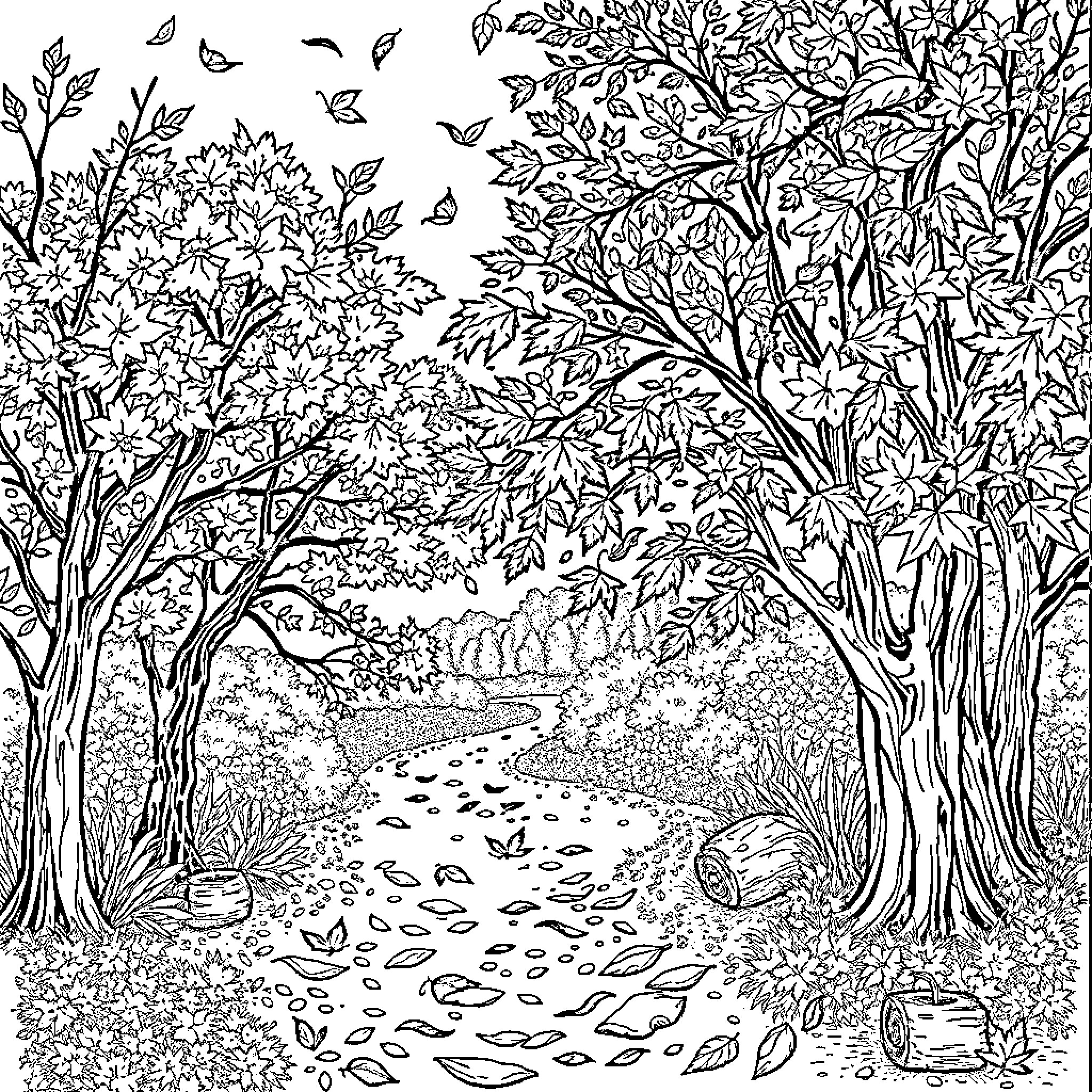 Autumn Scenic Trail Through Lush Foliage Coloring Page (free black-and-white line drawing printable PDF for all, from beginners to advanced learners, including children, teens, adults, and seniors)