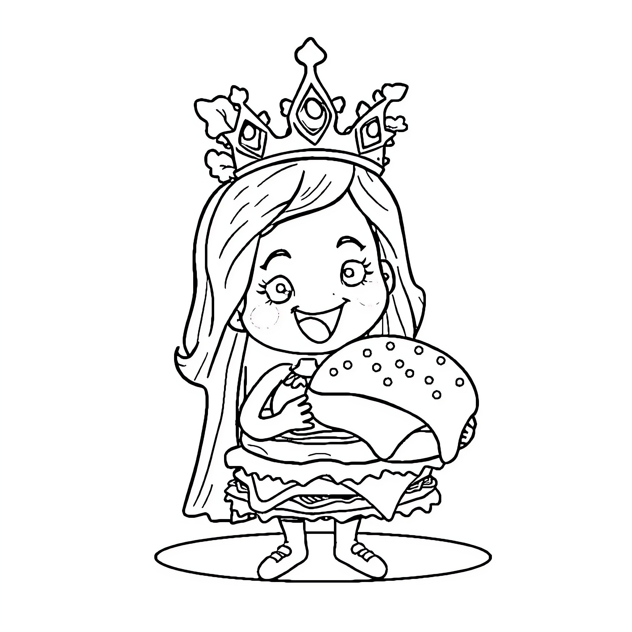 Burger Princess Holding a Hamburger Coloring Page (free black-and-white line drawing printable PDF for all, from beginners to advanced learners, including children, teens, adults, and seniors)