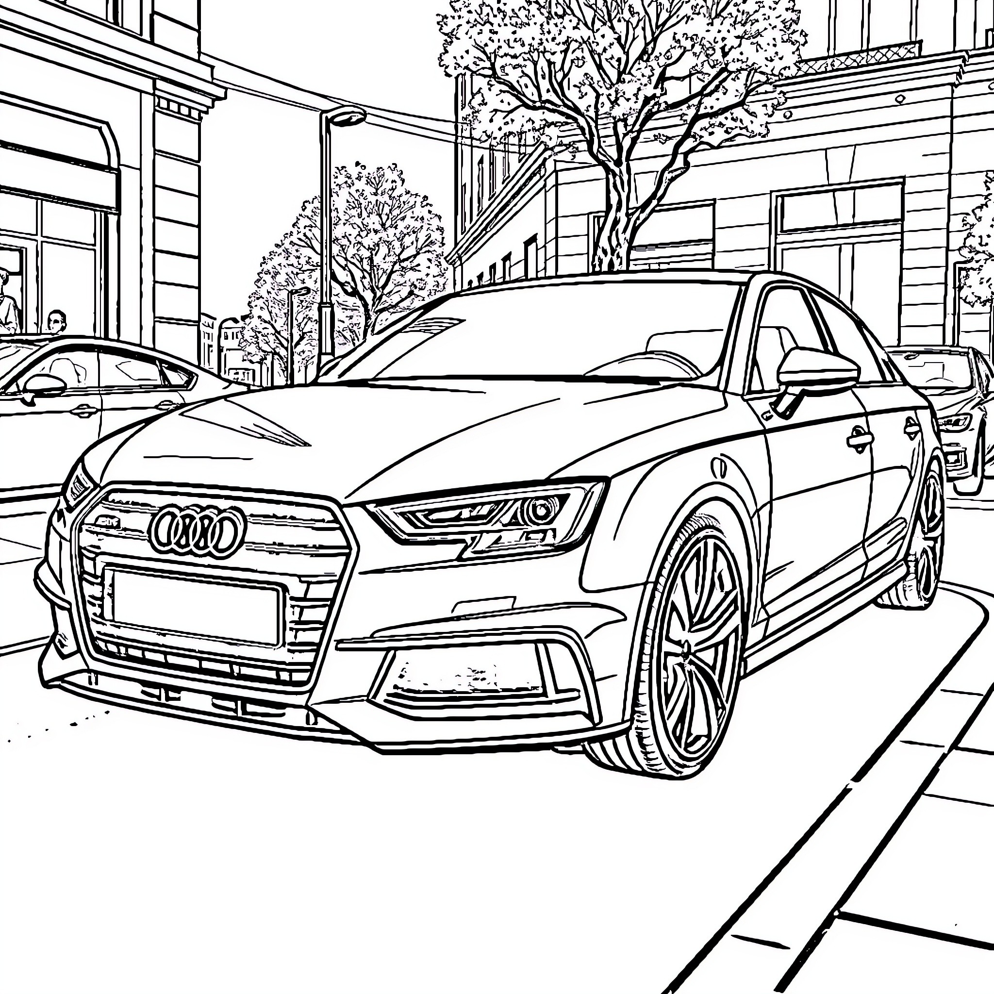 Audi A4 in urban city street scene Coloring Page (free black-and-white line drawing printable PDF for all, from beginners to advanced learners, including children, teens, adults, and seniors)