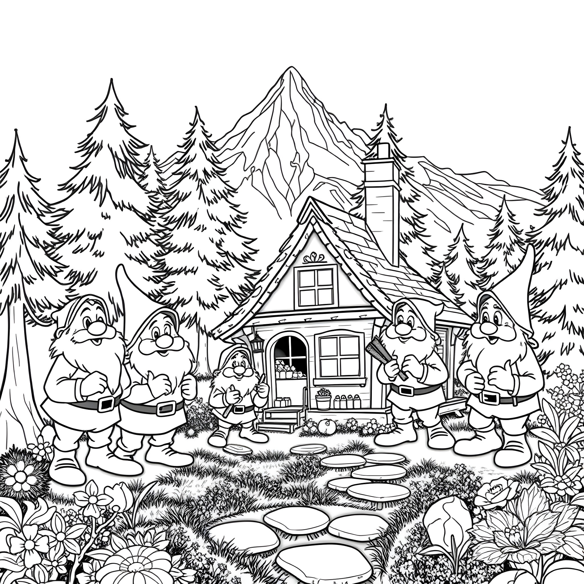 Dwarf gnomes in a whimsical mountain landscape Coloring Page (free black-and-white line drawing printable PDF for all, from beginners to advanced learners, including children, teens, adults, and seniors)