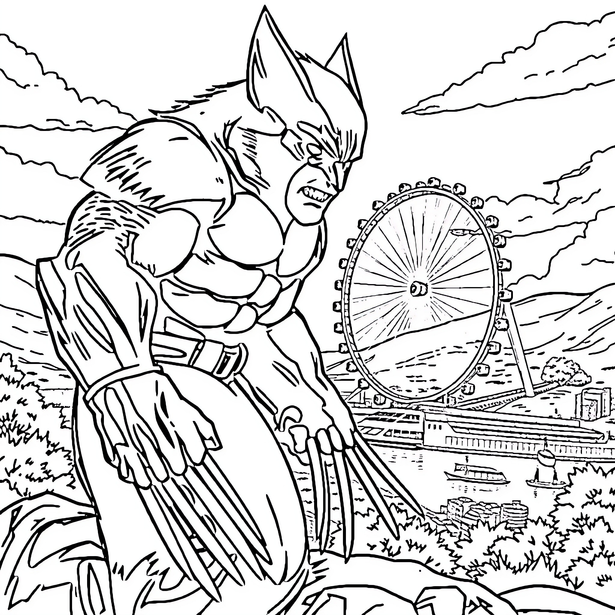 Wolverine battling in a cityscape landscape Coloring Page (free black-and-white line drawing printable PDF for all, from beginners to advanced learners, including children, teens, adults, and seniors)