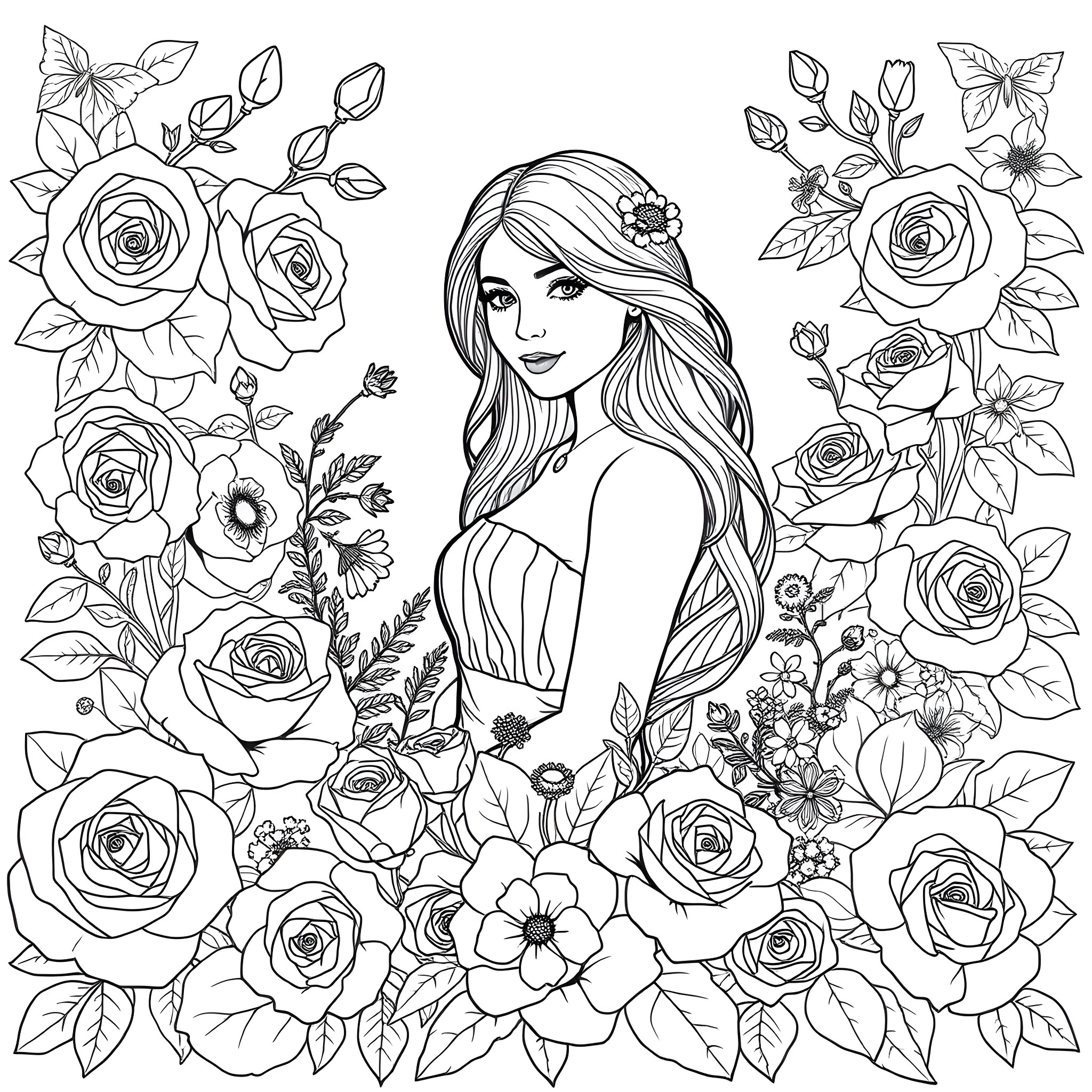 Rose Garden Girl with Flowers Coloring Page (free black-and-white line drawing printable PDF for all, from beginners to advanced learners, including children, teens, adults, and seniors)