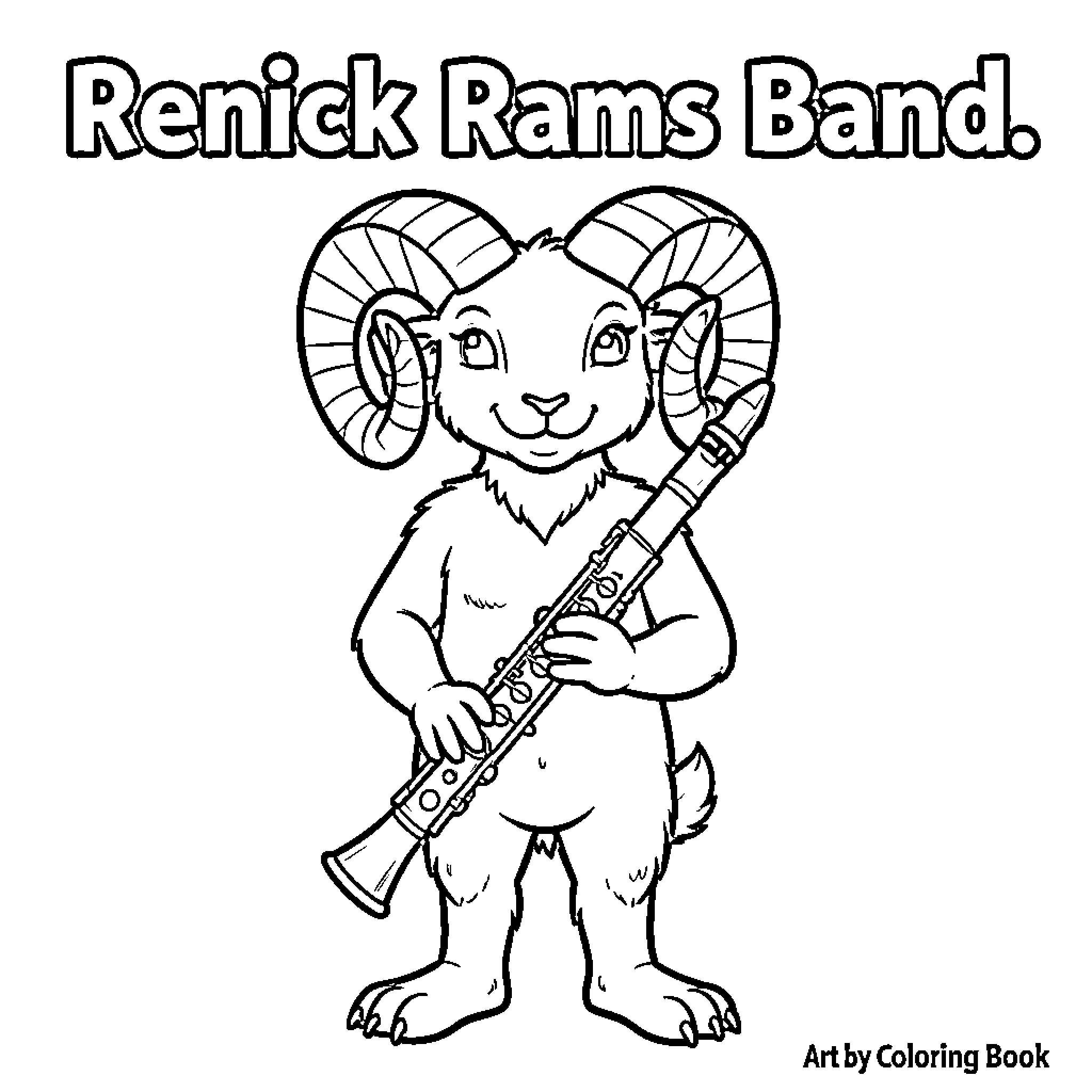 Ram playing a musical instrument with a smile Coloring Page (free black-and-white line drawing printable PDF for all, from beginners to advanced learners, including children, teens, adults, and seniors)