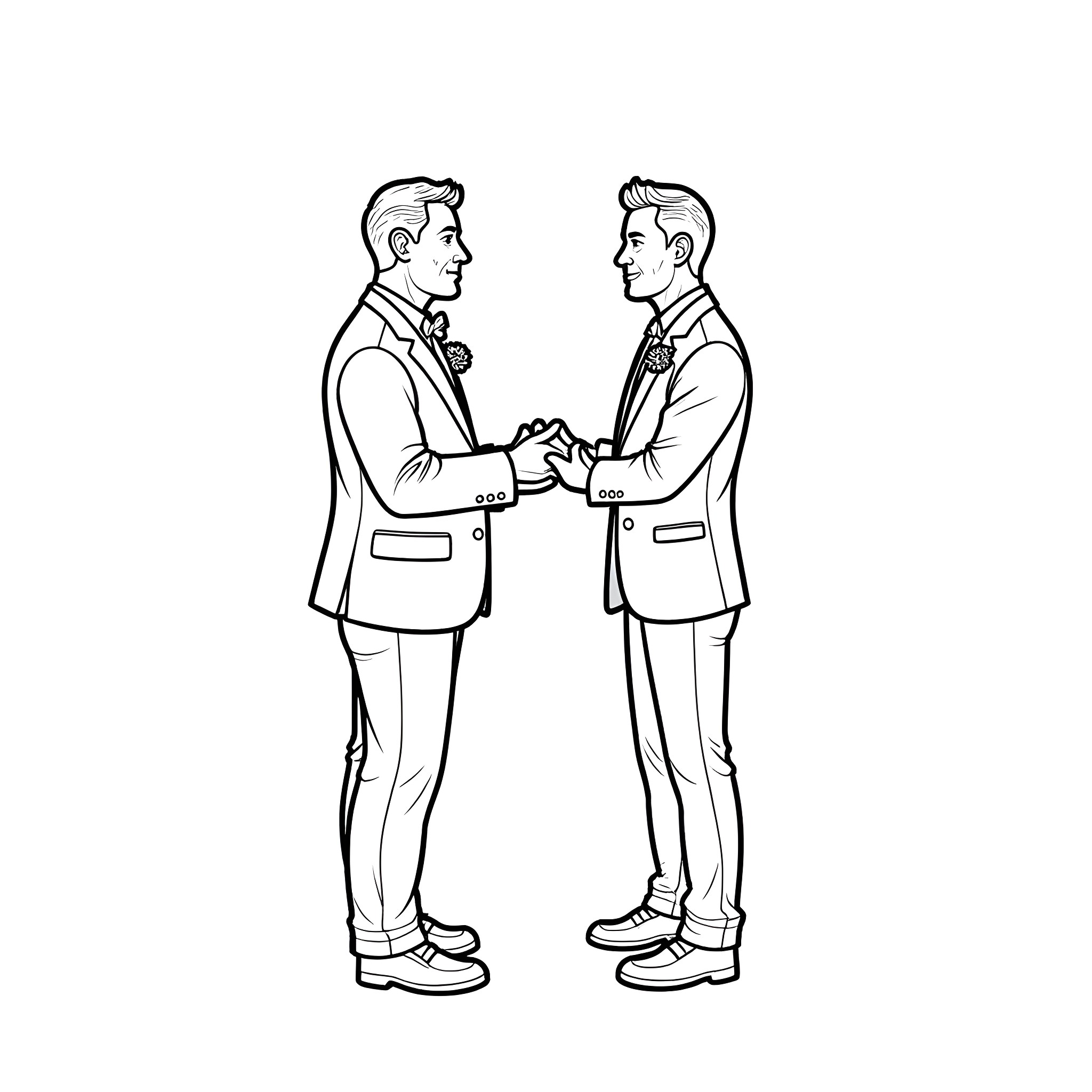 Marriage of Two Gentlemen in Formal Attire Coloring Page (free black-and-white line drawing printable PDF for all, from beginners to advanced learners, including children, teens, adults, and seniors)
