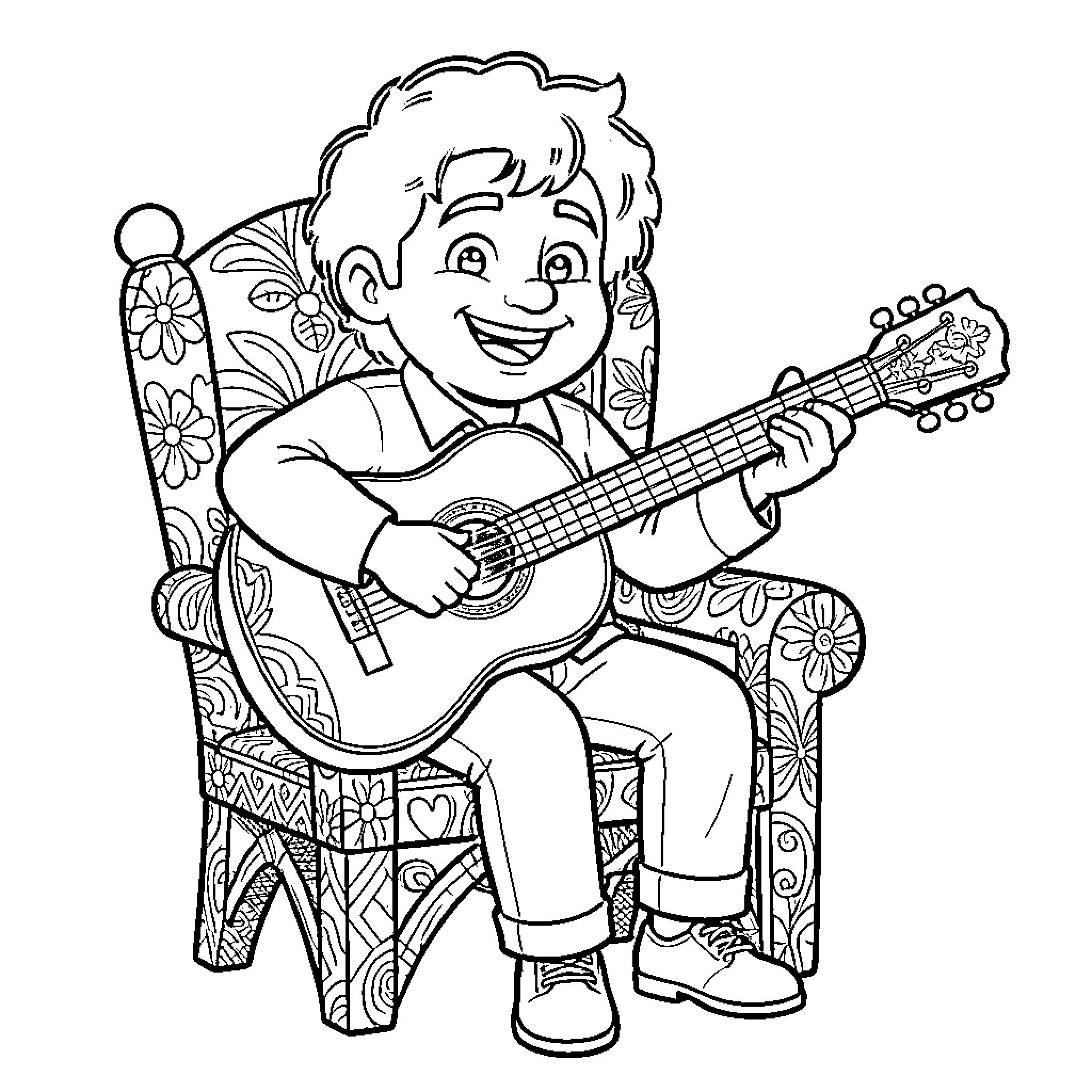 Miguel Playing Guitar Joyfully Coloring Page (free black-and-white line drawing printable PDF for all, from beginners to advanced learners, including children, teens, adults, and seniors)