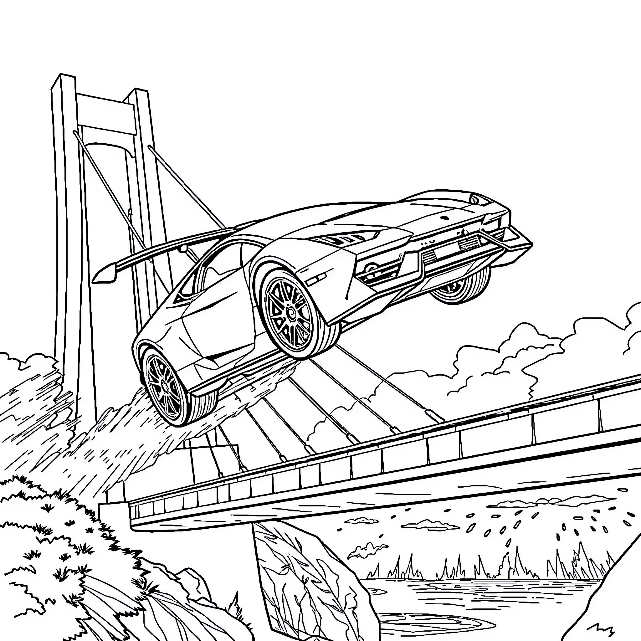 Lamborghini Supercar Soaring Over Bridge Coloring Page (free black-and-white line drawing printable PDF for all, from beginners to advanced learners, including children, teens, adults, and seniors)
