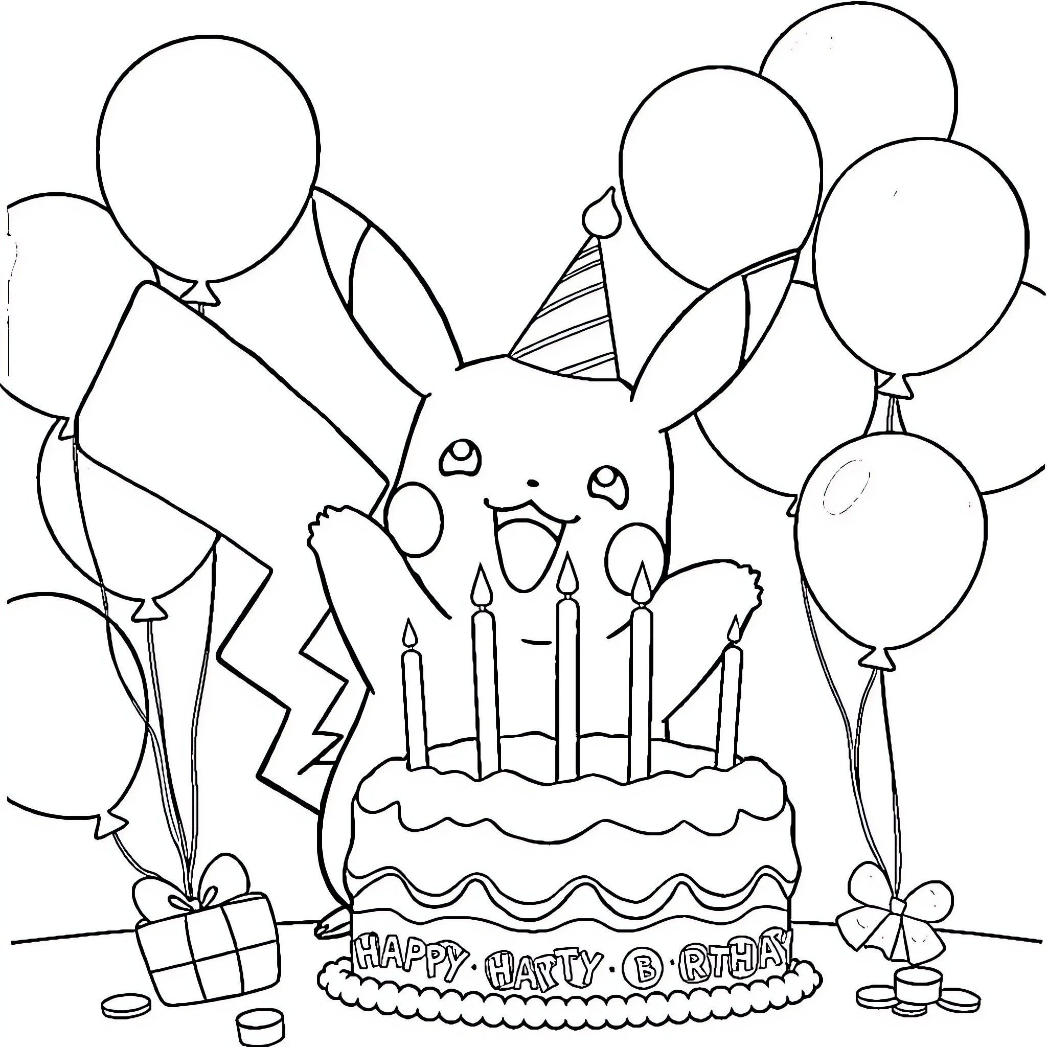 Pikachu celebrating a birthday party with balloons Coloring Page (free black-and-white line drawing printable PDF for all, from beginners to advanced learners, including children, teens, adults, and seniors)
