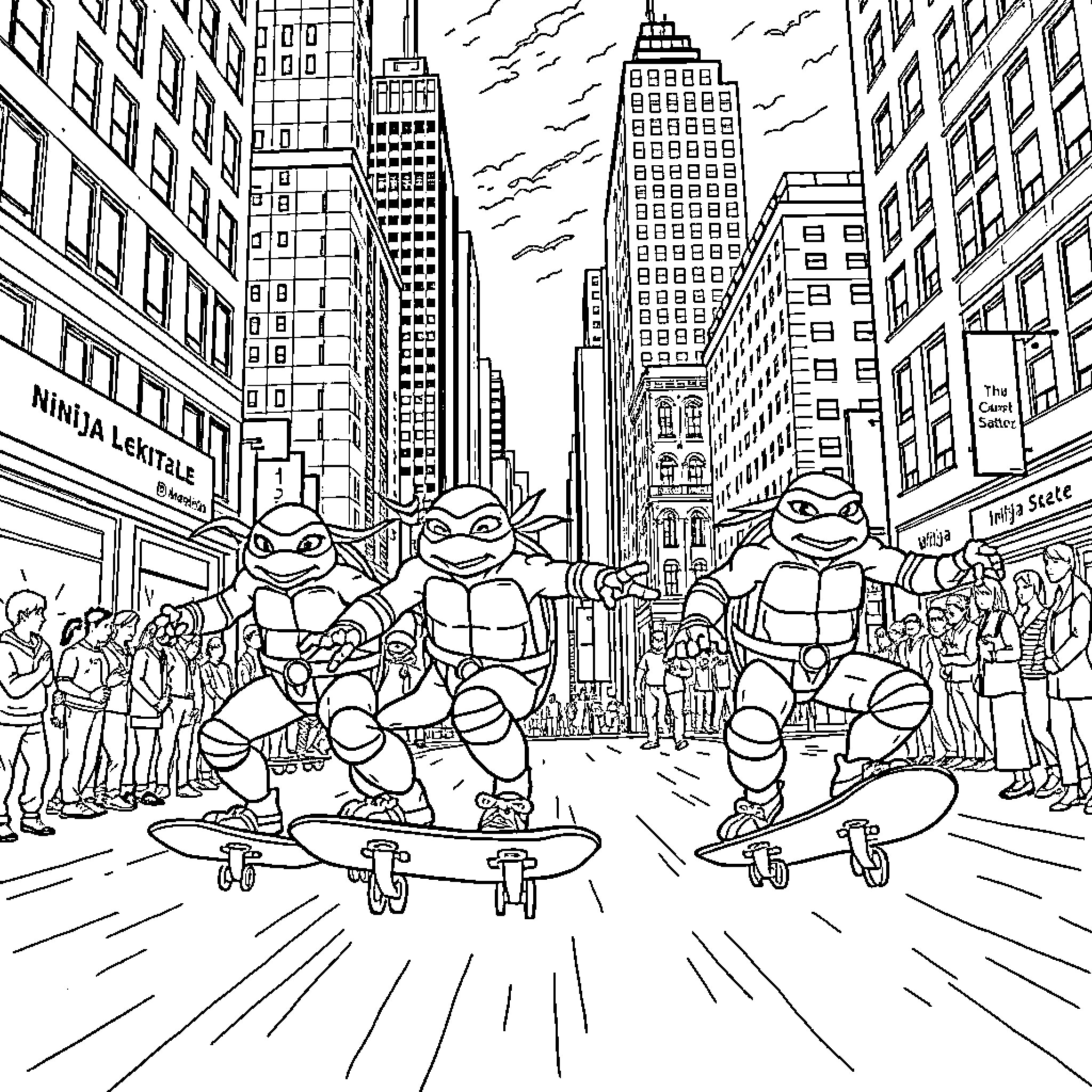 Ninja Turtles skateboarding through the city streets Coloring Page (free black-and-white line drawing printable PDF for all, from beginners to advanced learners, including children, teens, adults, and seniors)