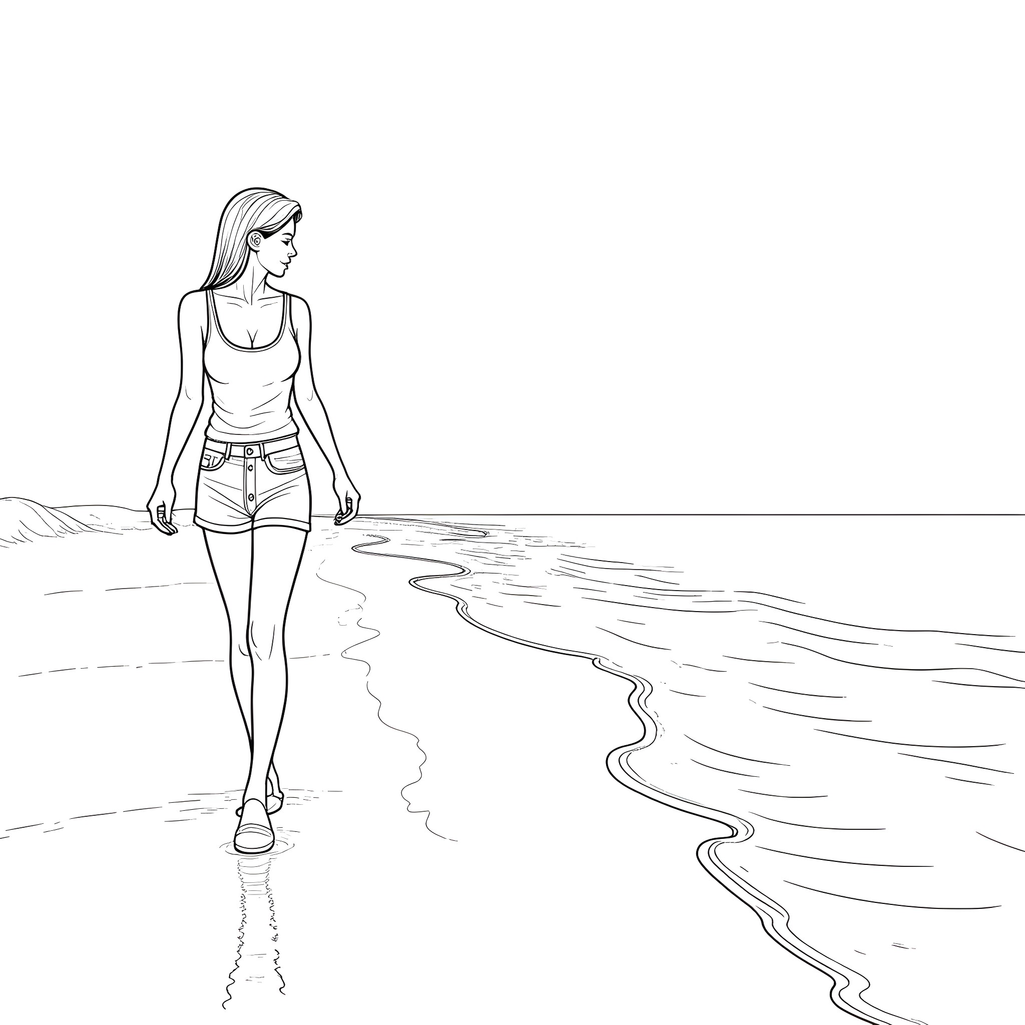 Woman walking along the beach Coloring Page (free black-and-white line drawing printable PDF for all, from beginners to advanced learners, including children, teens, adults, and seniors)