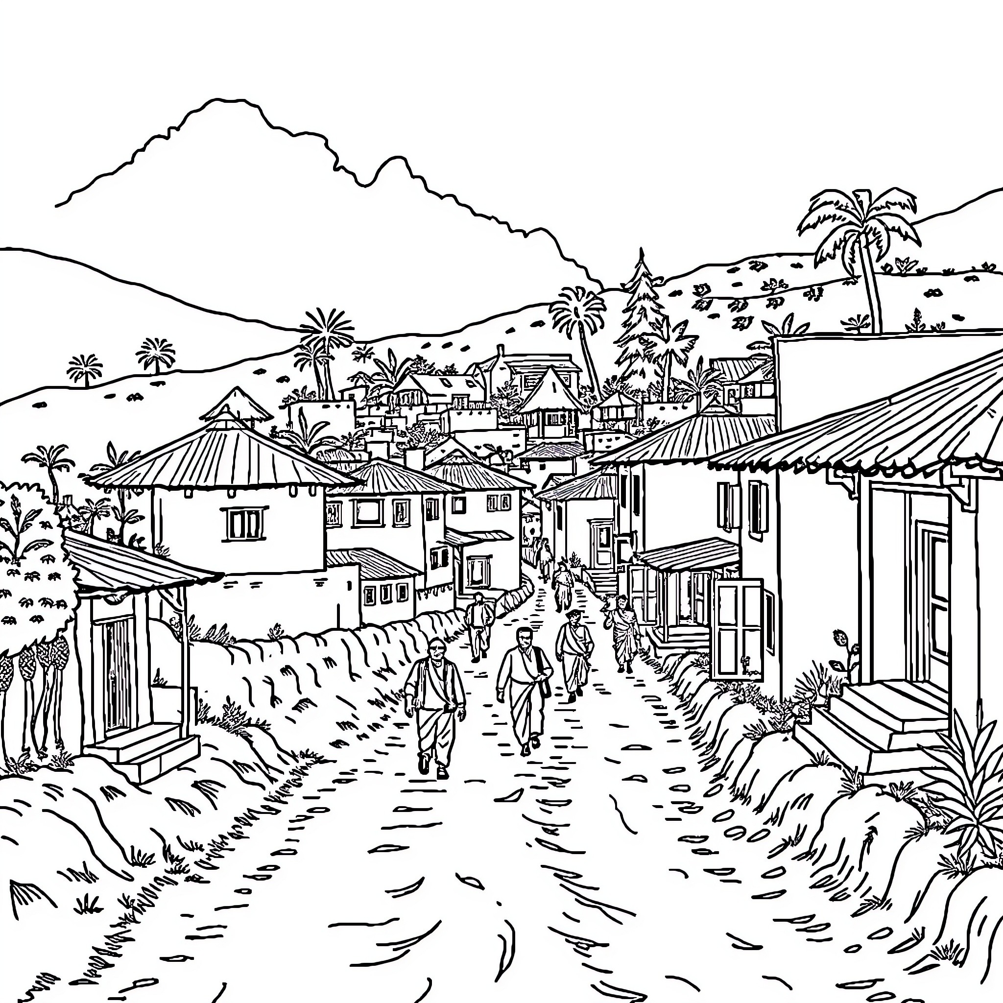 India - Village scene with people, buildings, and palm trees Coloring Page (free black-and-white line drawing printable PDF for all, from beginners to advanced learners, including children, teens, adults, and seniors)