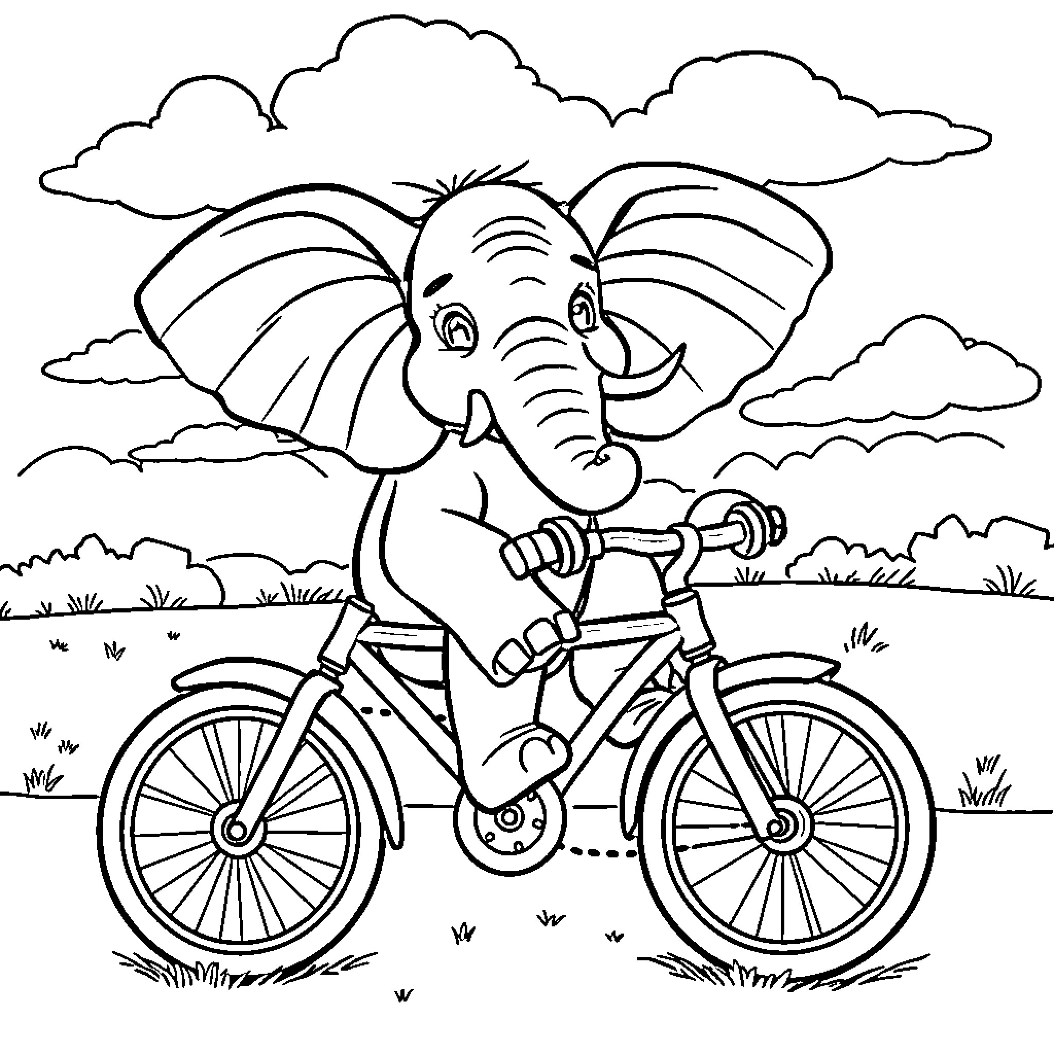 Elephant Riding a Bicycle in Nature Coloring Page (free black-and-white line drawing printable PDF for all, from beginners to advanced learners, including children, teens, adults, and seniors)