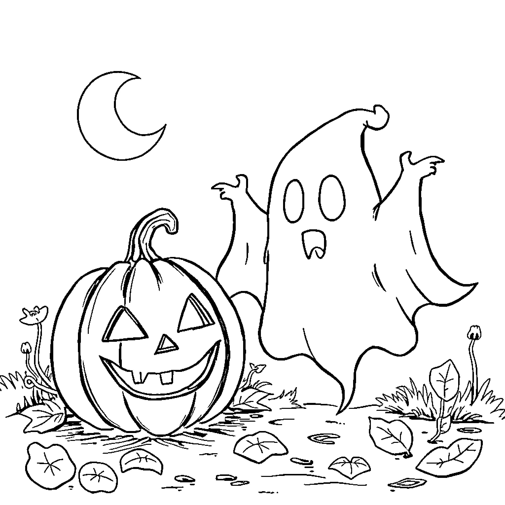 Ghost Haunting a Pumpkin in the Night Coloring Page (free black-and-white line drawing printable PDF for all, from beginners to advanced learners, including children, teens, adults, and seniors)