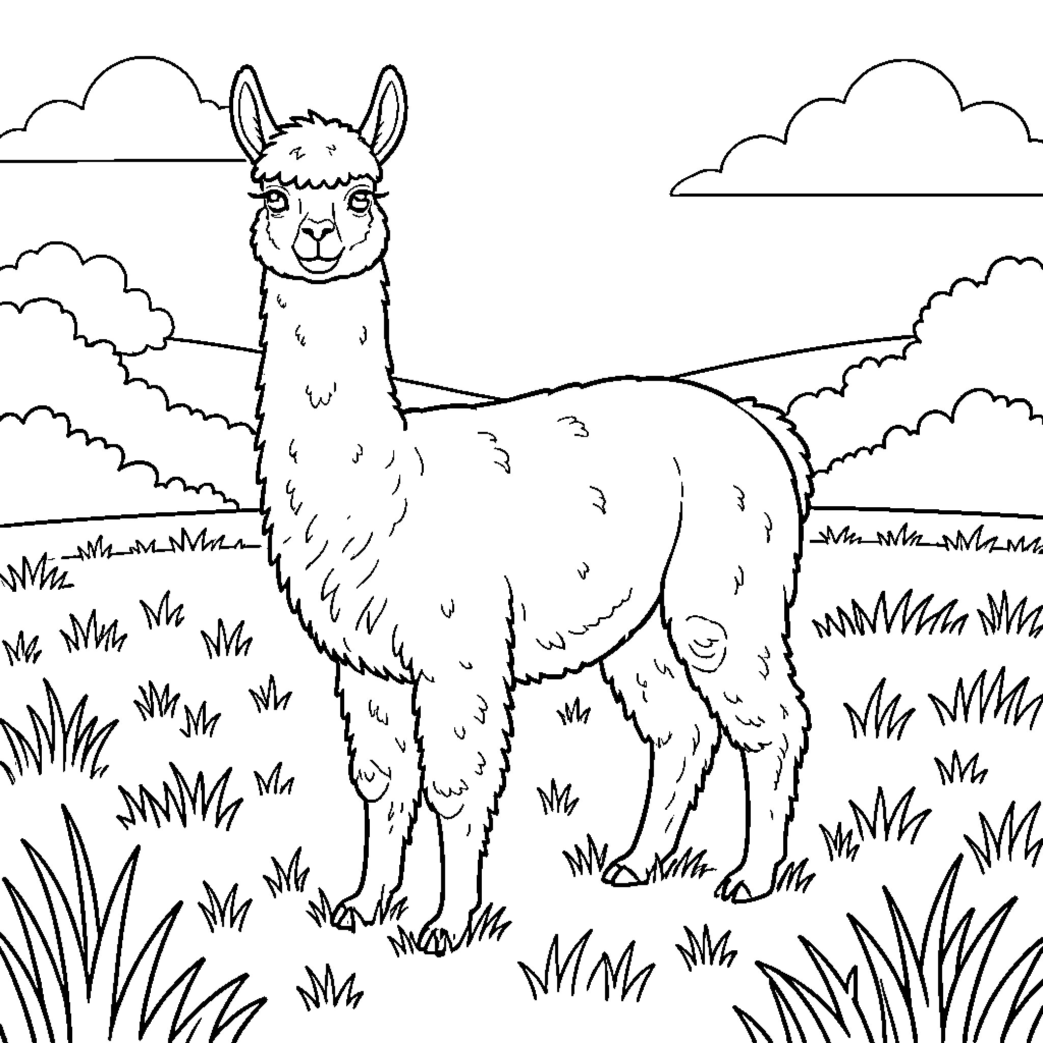 Alpaca standing peacefully in a grassy field Coloring Page (free black-and-white line drawing printable PDF for all, from beginners to advanced learners, including children, teens, adults, and seniors)