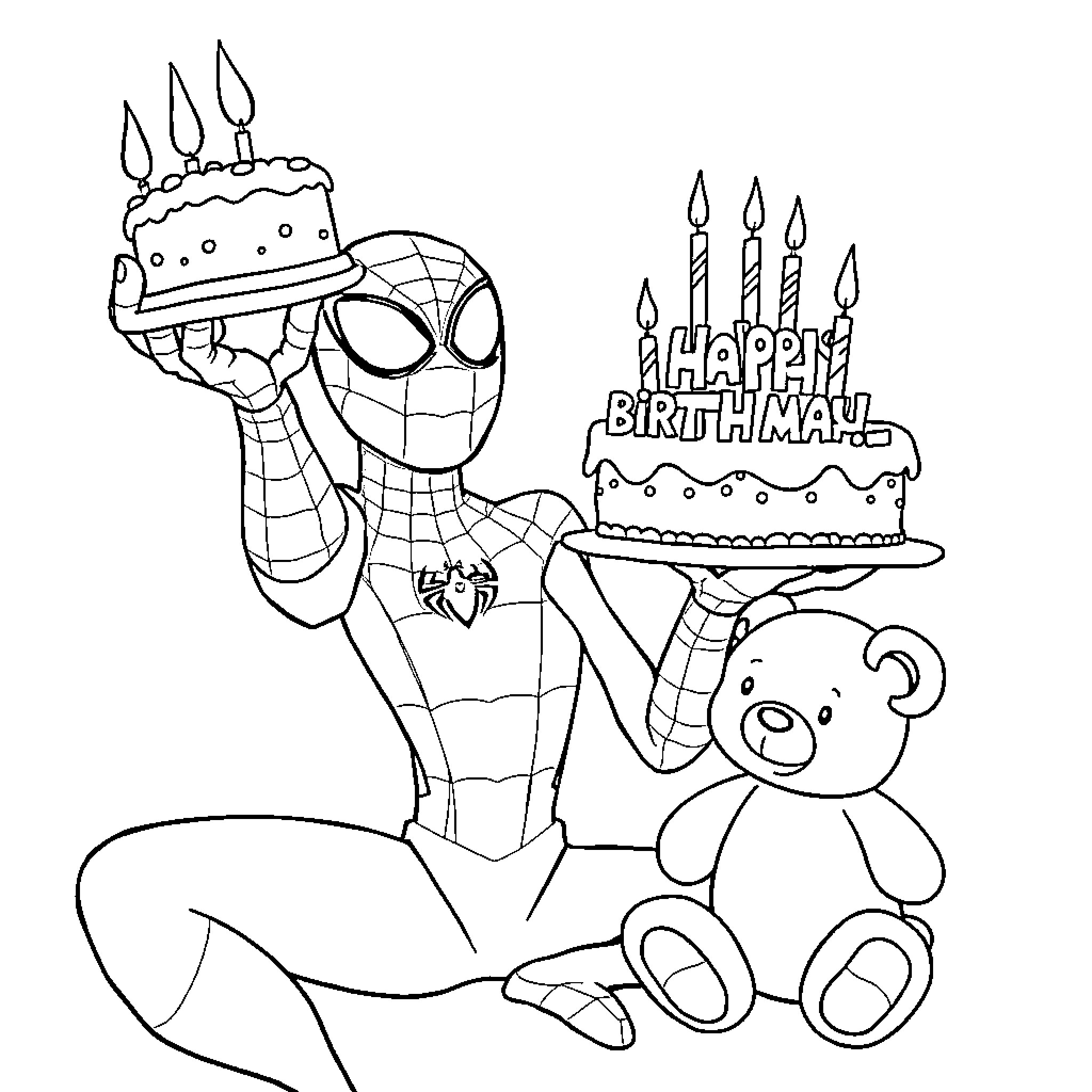 Spiderman celebrating birthday with cake and teddy bear Coloring Page (free black-and-white line drawing printable PDF for all, from beginners to advanced learners, including children, teens, adults, and seniors)