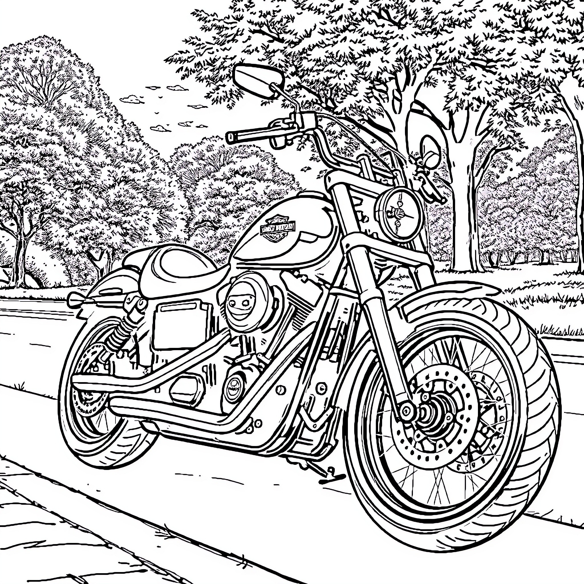 Harley Davidson motorcycle in scenic forest landscape Coloring Page (free black-and-white line drawing printable PDF for all, from beginners to advanced learners, including children, teens, adults, and seniors)