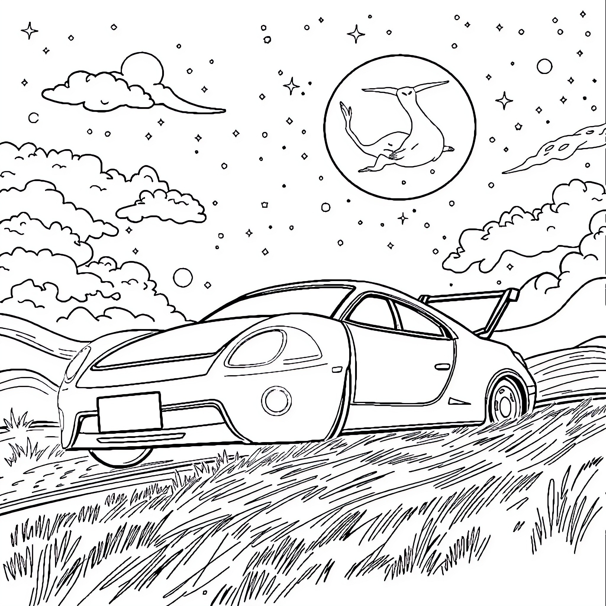 Magic Car exploring the starry night landscape Coloring Page (free black-and-white line drawing printable PDF for all, from beginners to advanced learners, including children, teens, adults, and seniors)