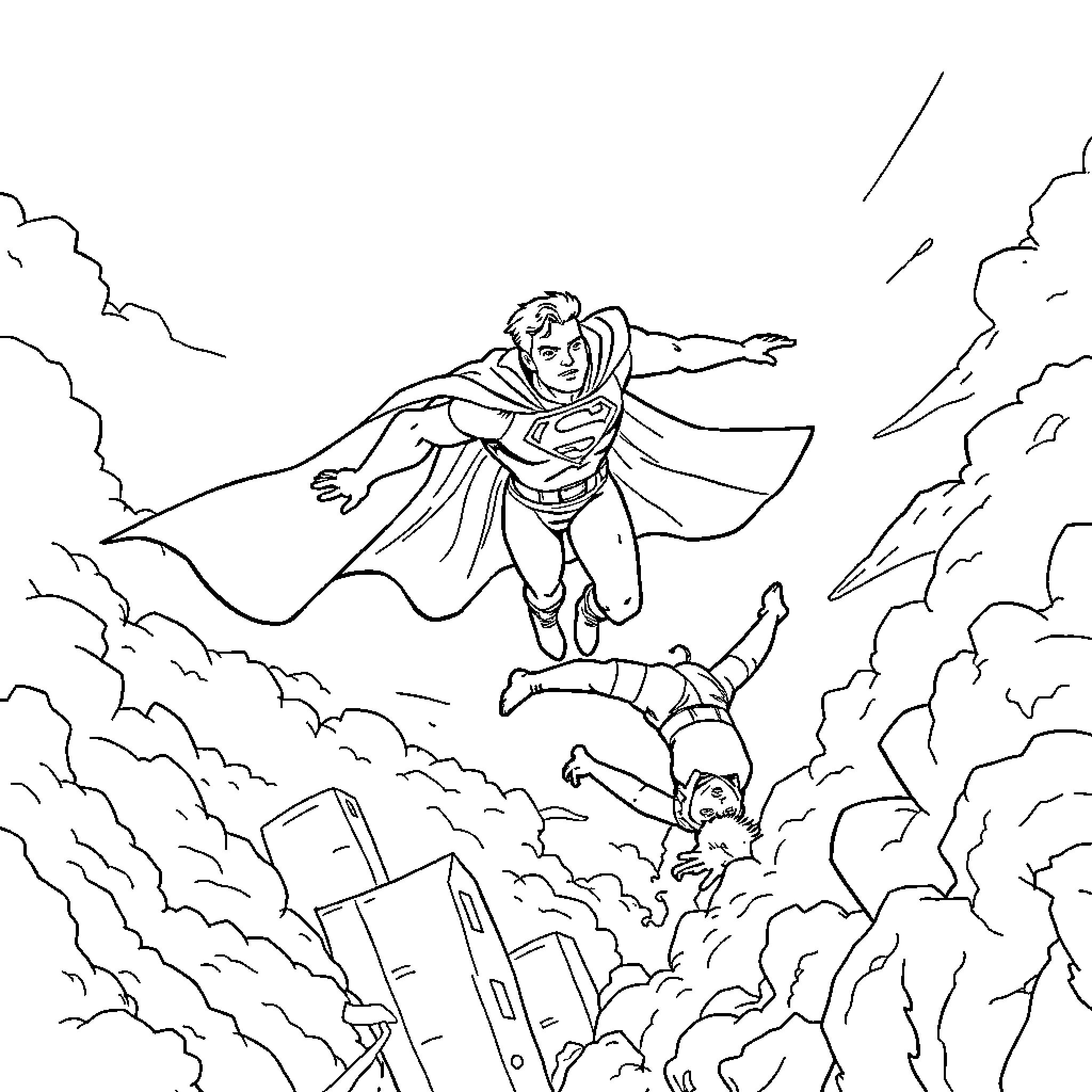 Superhero Saves City from Disaster Coloring Page (free black-and-white line drawing printable PDF for all, from beginners to advanced learners, including children, teens, adults, and seniors)