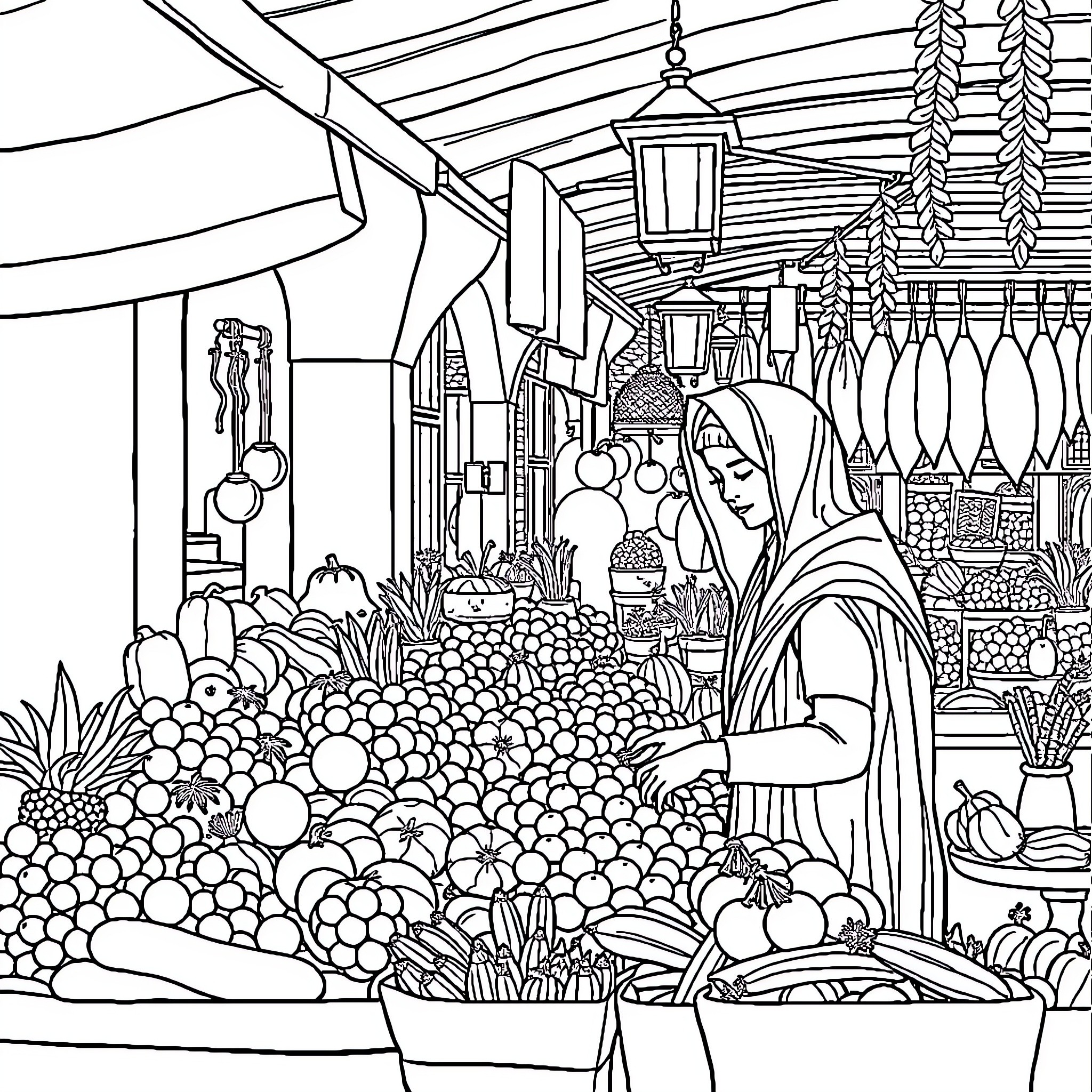 Woman in a bustling outdoor market Coloring Page (free black-and-white line drawing printable PDF for all, from beginners to advanced learners, including children, teens, adults, and seniors)