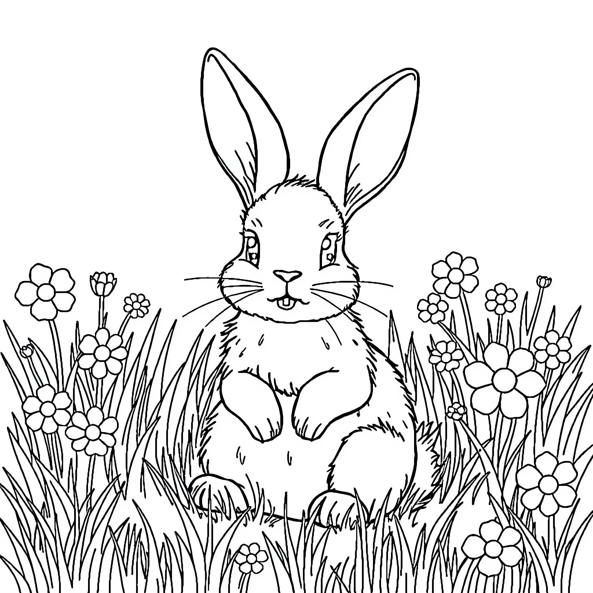 Bunny enjoying the spring flowers Coloring Page (free black-and-white line drawing printable PDF for all, from beginners to advanced learners, including children, teens, adults, and seniors)