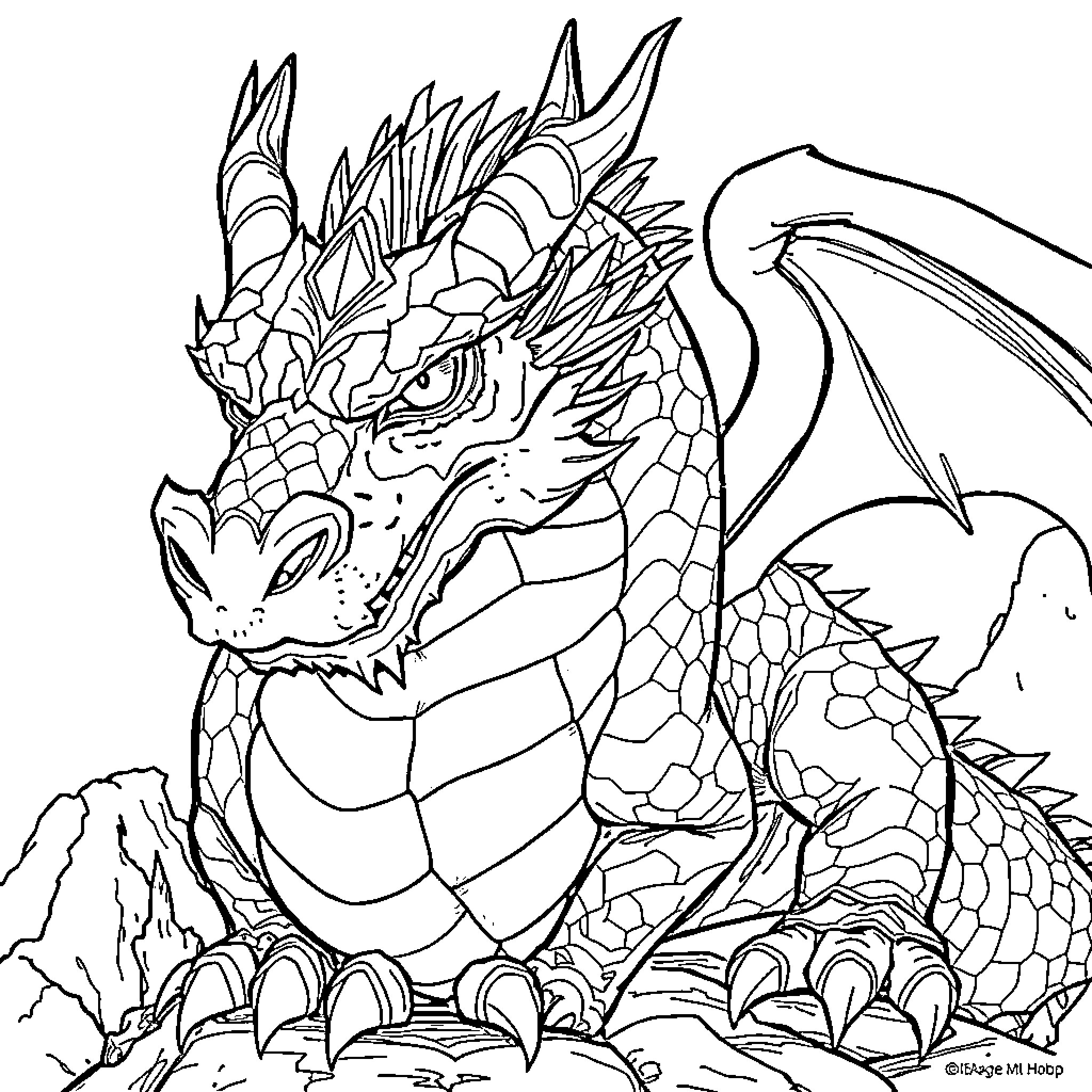 Dragon in aggressive stance amid rocky terrain Coloring Page (free black-and-white line drawing printable PDF for all, from beginners to advanced learners, including children, teens, adults, and seniors)