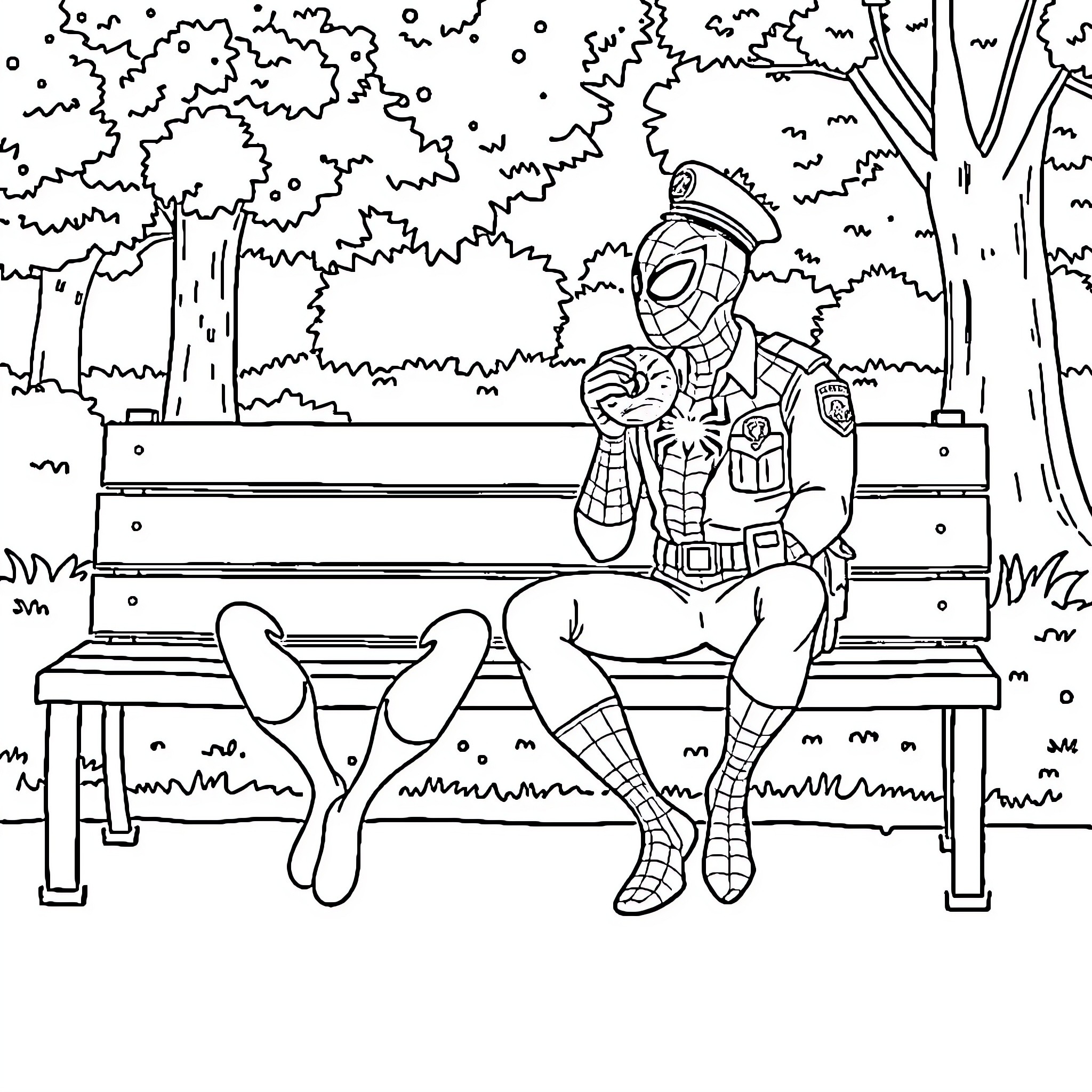 Spiderman relaxing on a bench in the park Coloring Page (free black-and-white line drawing printable PDF for all, from beginners to advanced learners, including children, teens, adults, and seniors)