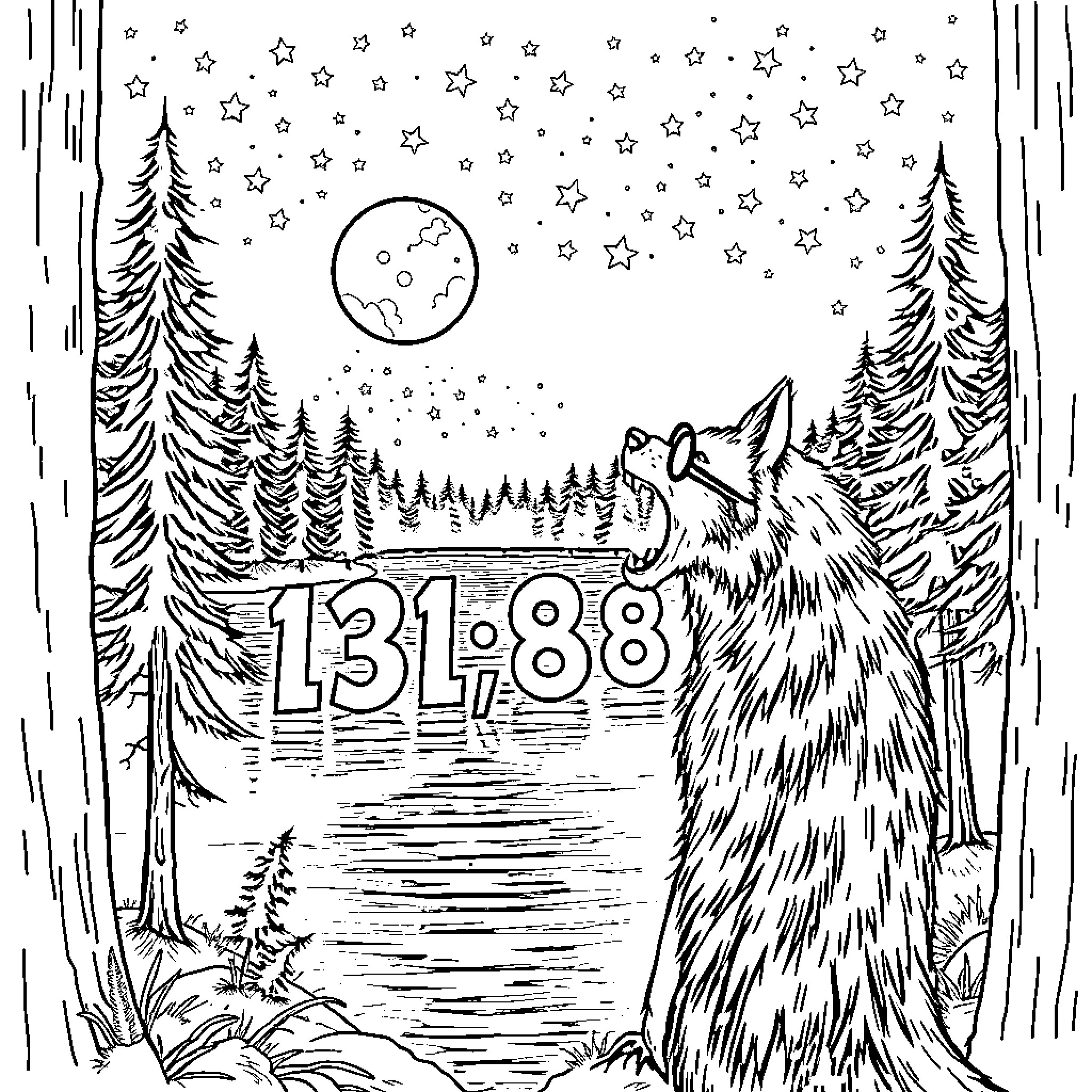 Werewolf howling under the night sky Coloring Page (free black-and-white line drawing printable PDF for all, from beginners to advanced learners, including children, teens, adults, and seniors)