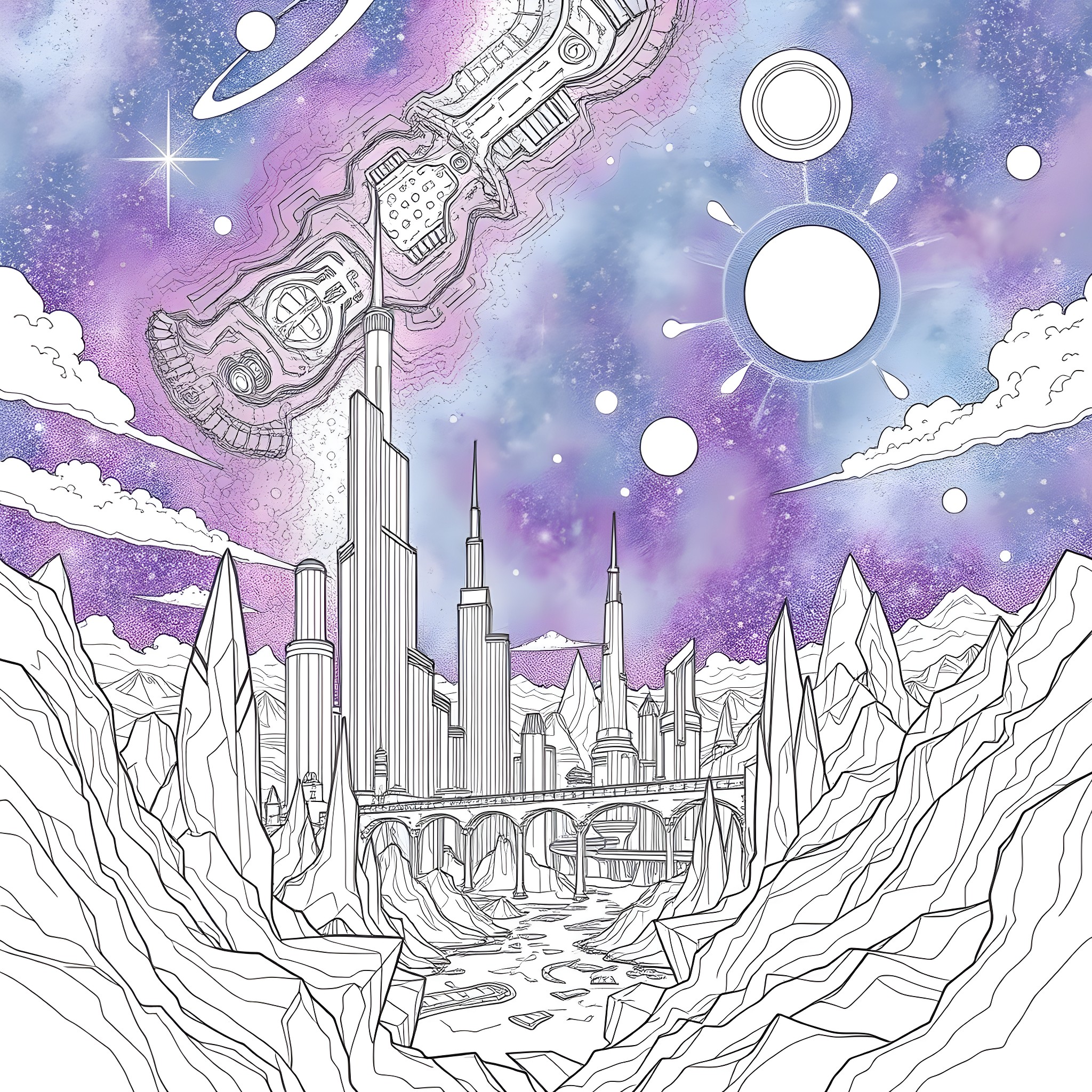 World of Futuristic Cityscapes and Celestial Wonders Coloring Page (free black-and-white line drawing printable PDF for all, from beginners to advanced learners, including children, teens, adults, and seniors)