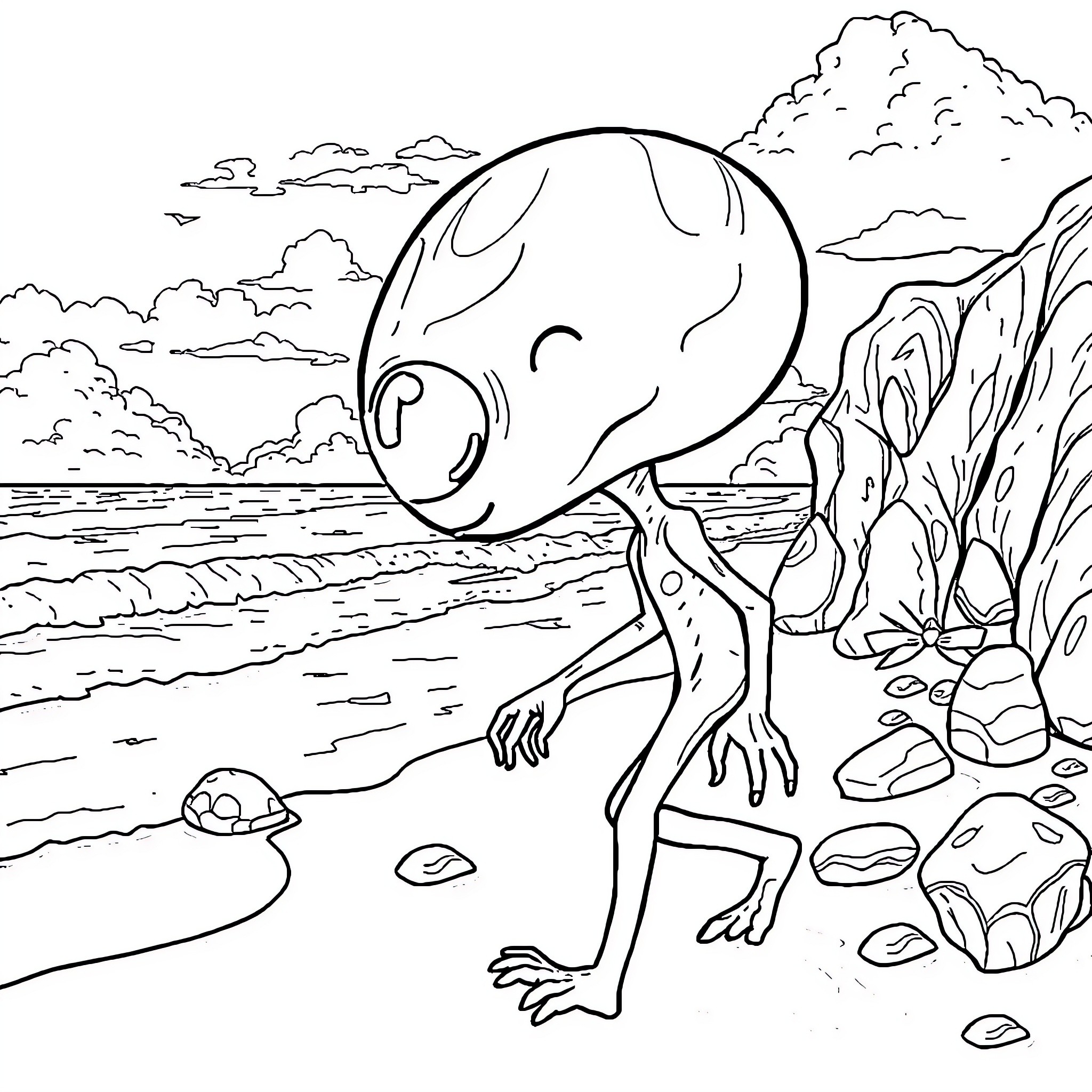 Alien creature exploring the rocky shoreline Coloring Page (free black-and-white line drawing printable PDF for all, from beginners to advanced learners, including children, teens, adults, and seniors)