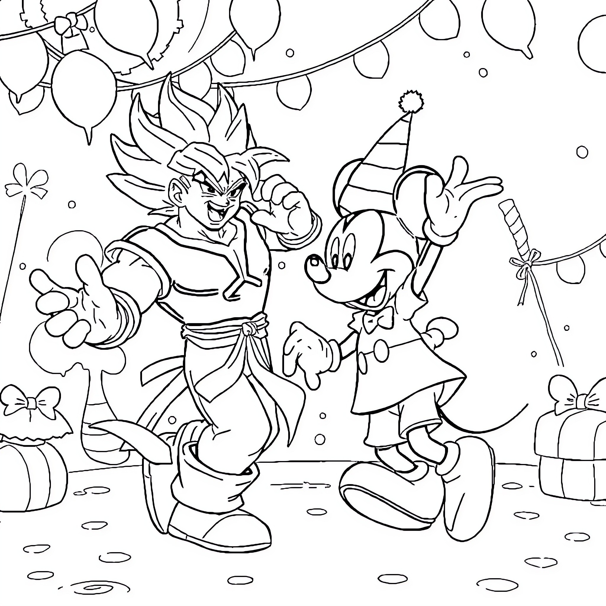 Vegeta celebrating with Mickey Mouse at the party Coloring Page (free black-and-white line drawing printable PDF for all, from beginners to advanced learners, including children, teens, adults, and seniors)