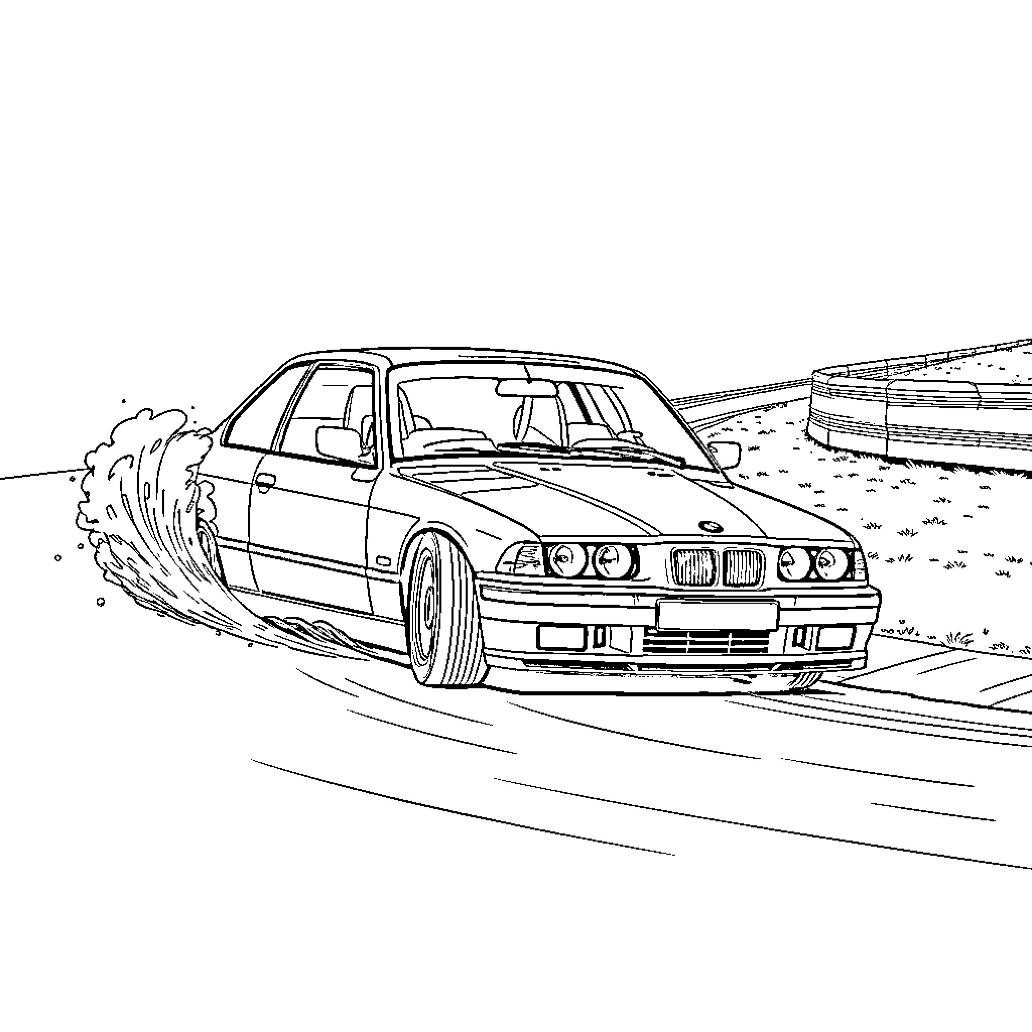 BMW Racing Car on the Track Coloring Page (free black-and-white line drawing printable PDF for all, from beginners to advanced learners, including children, teens, adults, and seniors)
